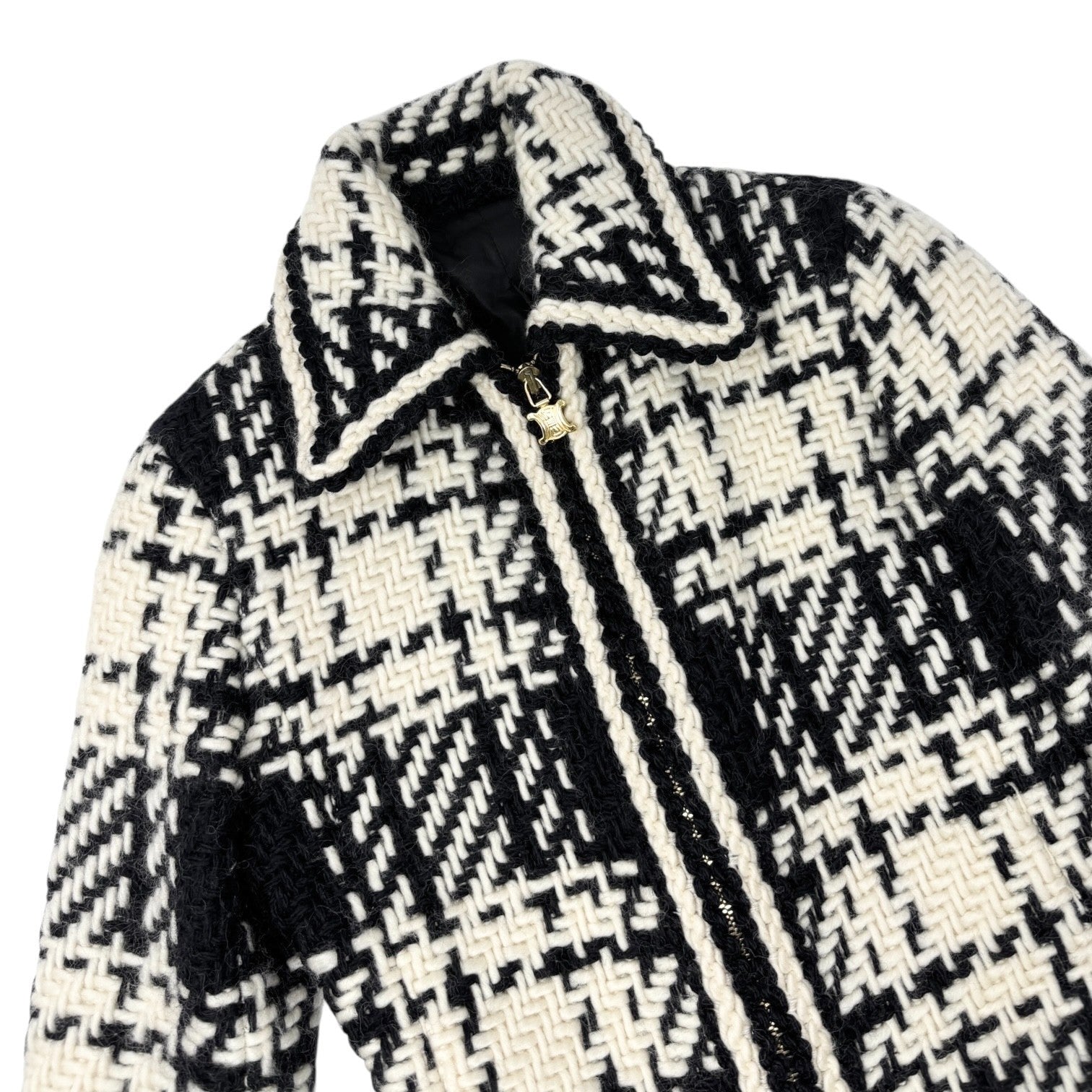 Luxury Promise Japan CELINE Vintage Macadam Logo Tweed Jacket Zip Black White Gold Wool Collar