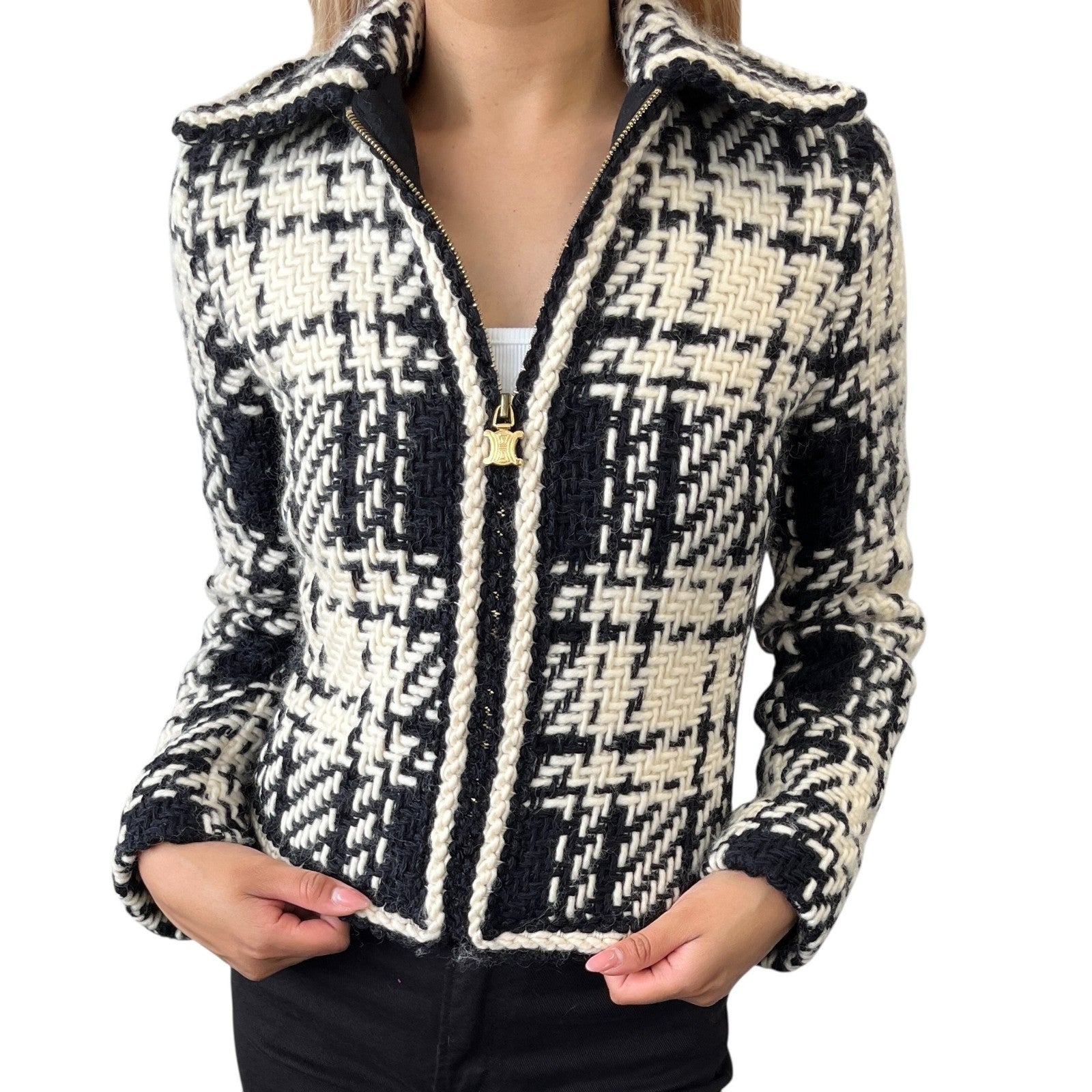 Luxury Promise Japan CELINE Vintage Macadam Logo Tweed Jacket Zip Black White Gold Wool Collar