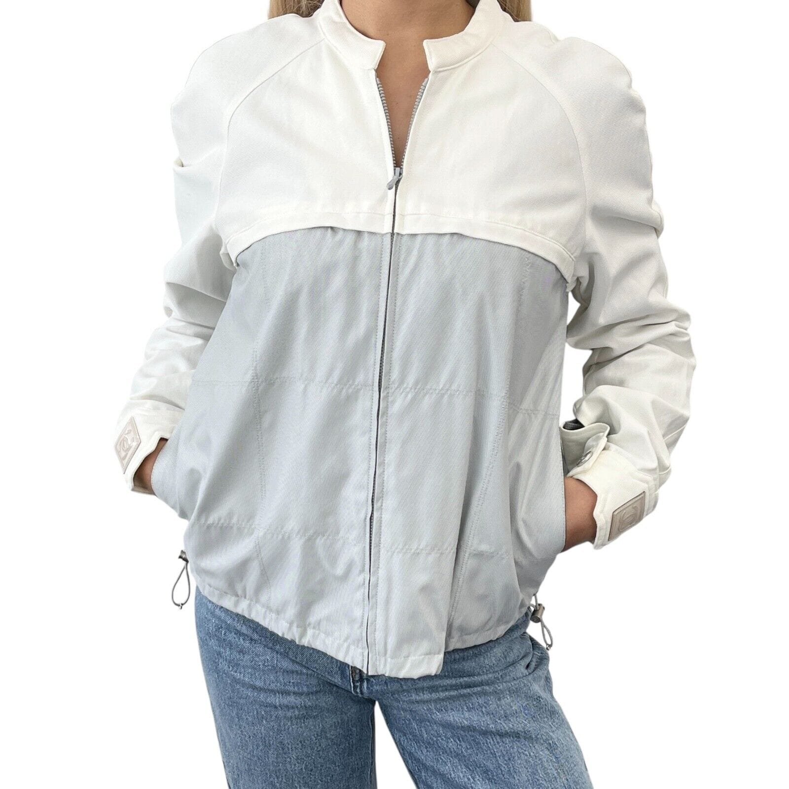 Luxury Promise Japan CHANEL Sport Vintage 01P CC Mark Logo Zipped Jacket #36 White Gray Cotton