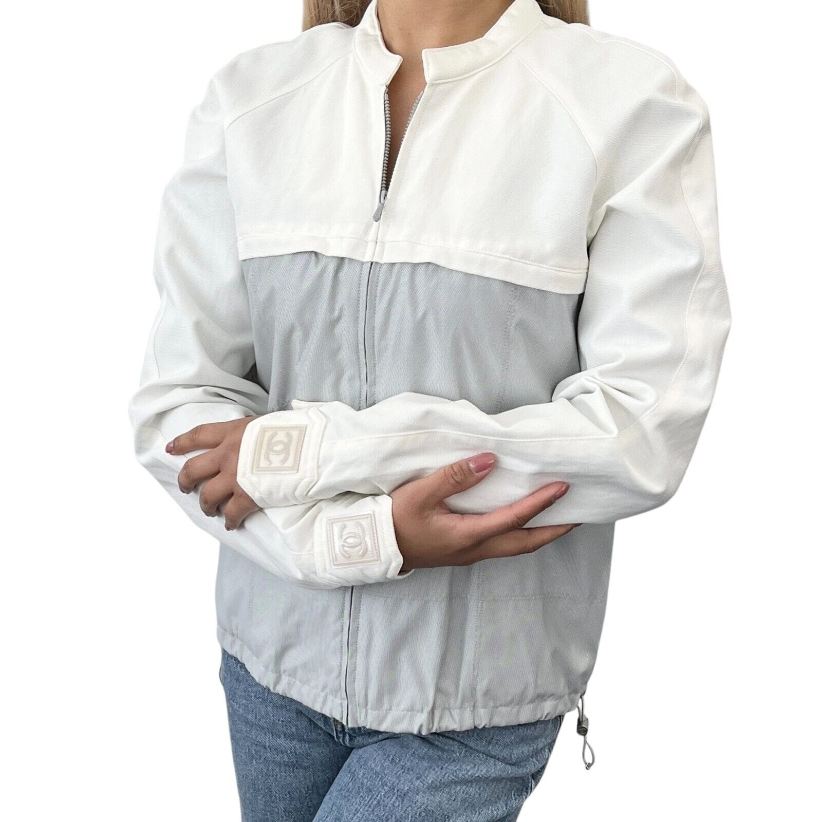 Luxury Promise Japan CHANEL Sport Vintage 01P CC Mark Logo Zipped Jacket #36 White Gray Cotton