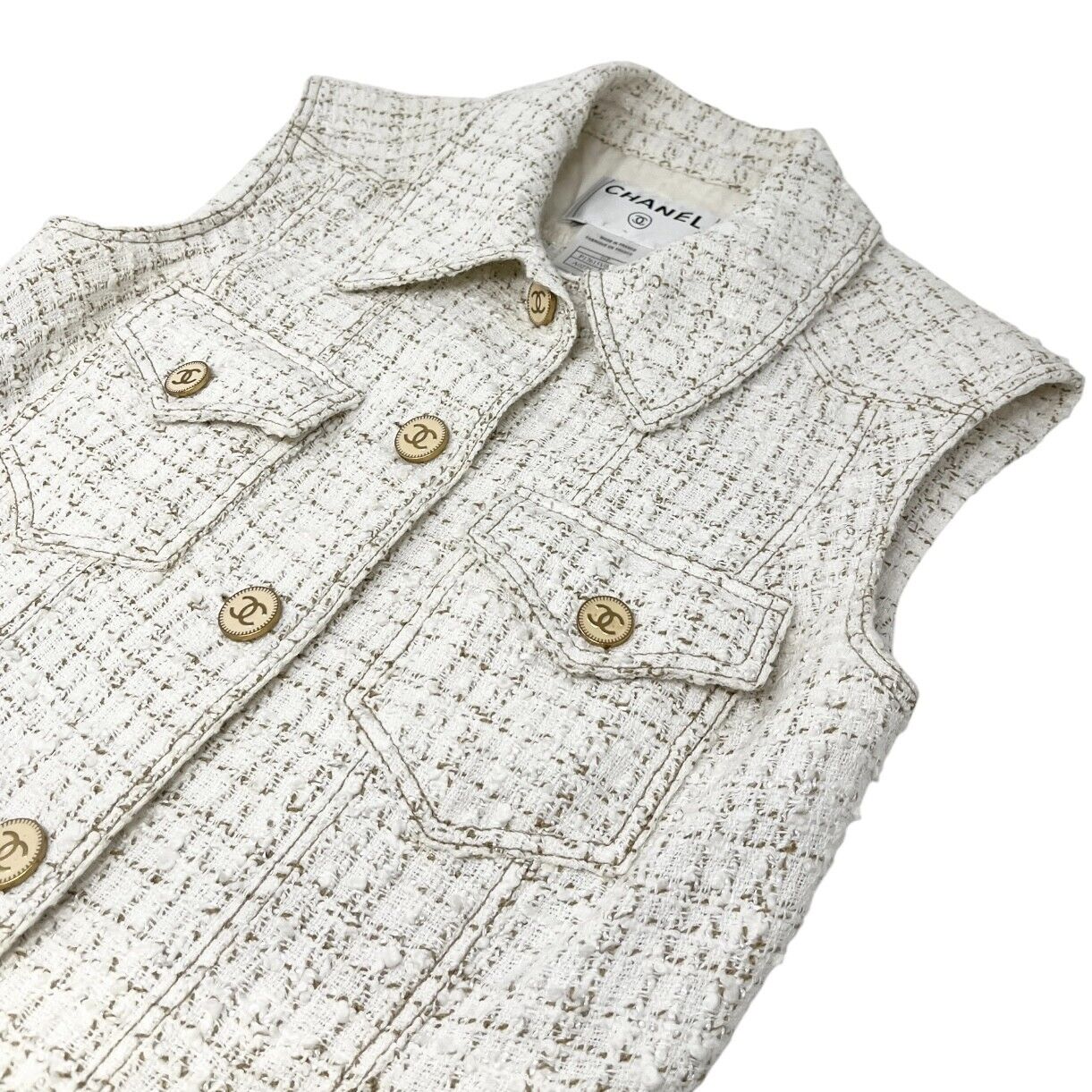 Luxury Promise Japan CHANEL Vintage 01P CC Mark Logo Sleeveless Vest Jacket #36 White Cotton Button