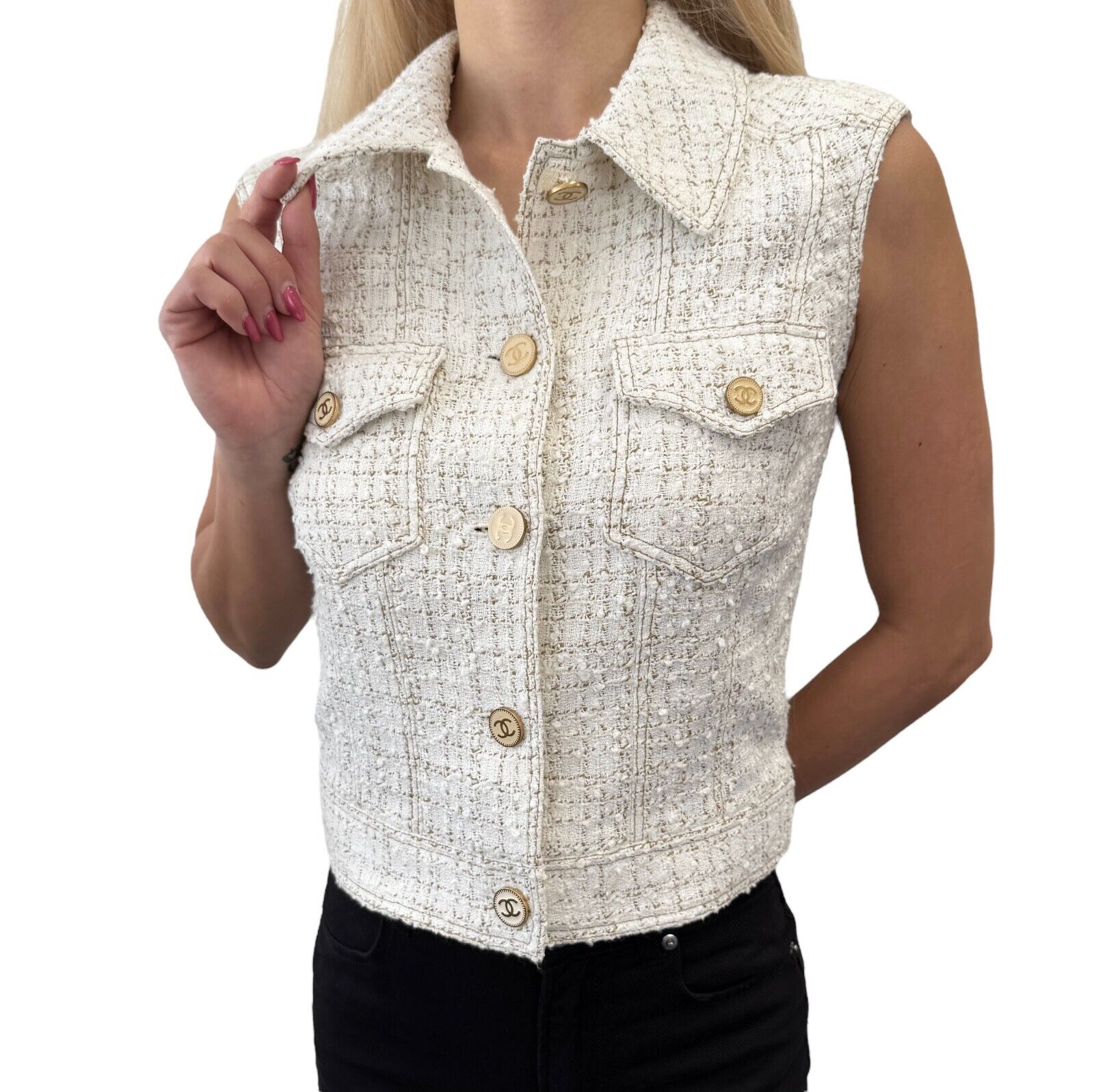 Luxury Promise Japan CHANEL Vintage 01P CC Mark Logo Sleeveless Vest Jacket #36 White Cotton Button
