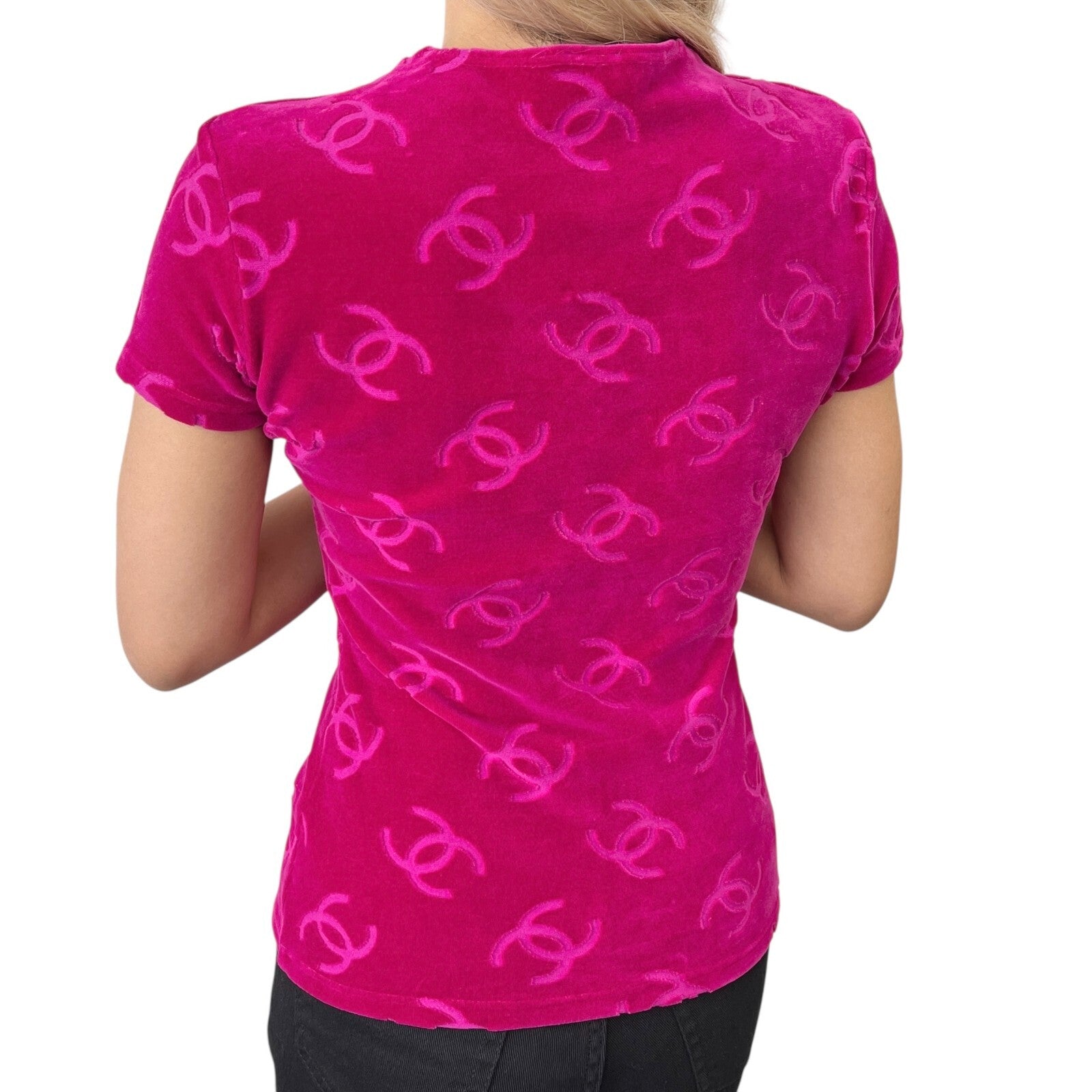 Luxury Promise Japan CHANEL Vintage 1996 CC Logo Velour T-shirt #40 Short Sleeve Top Pink Red