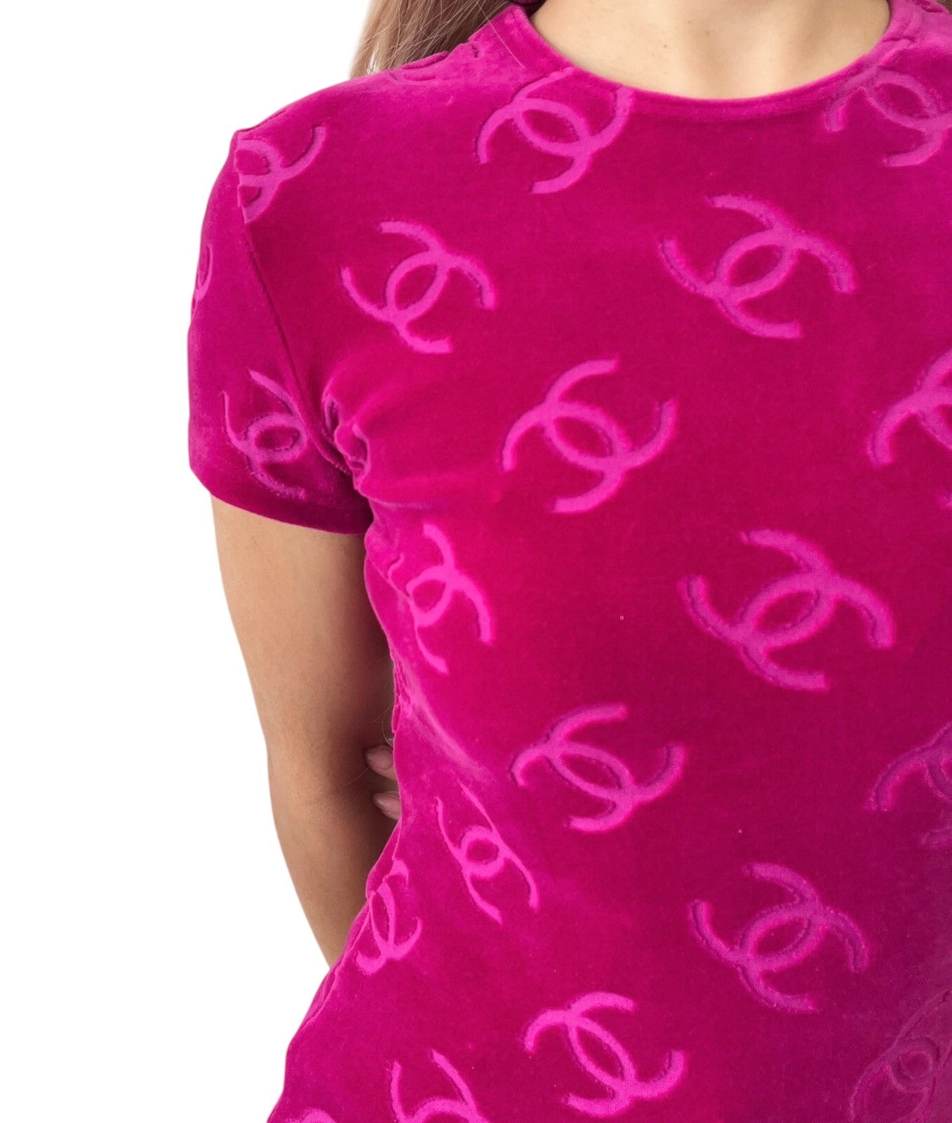 Luxury Promise Japan CHANEL Vintage 1996 CC Logo Velour T-shirt #40 Short Sleeve Top Pink Red
