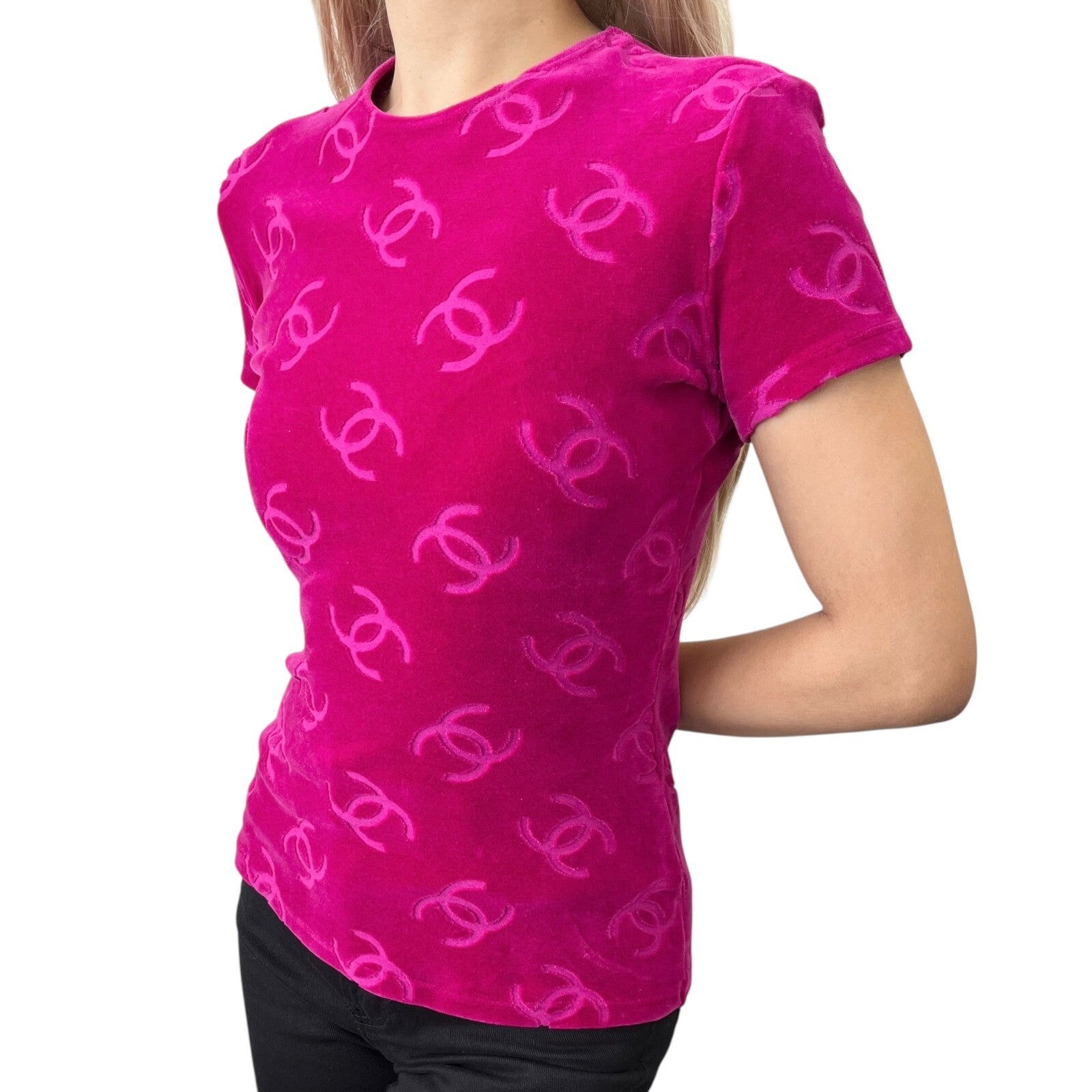Luxury Promise Japan CHANEL Vintage 1996 CC Logo Velour T-shirt #40 Short Sleeve Top Pink Red