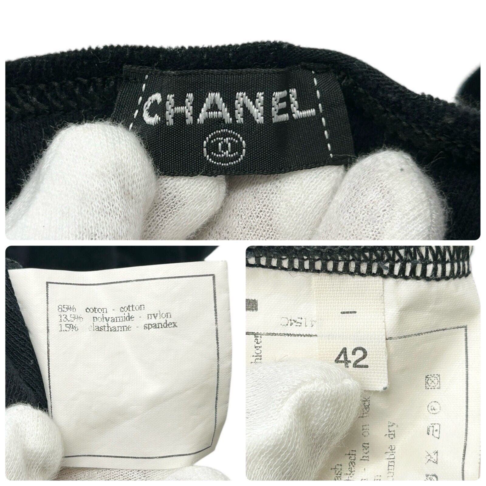 Luxury Promise Japan CHANEL Vintage 1996 CC Mark Logo Velour T-shirt Top #42 Black Cotton Nylon