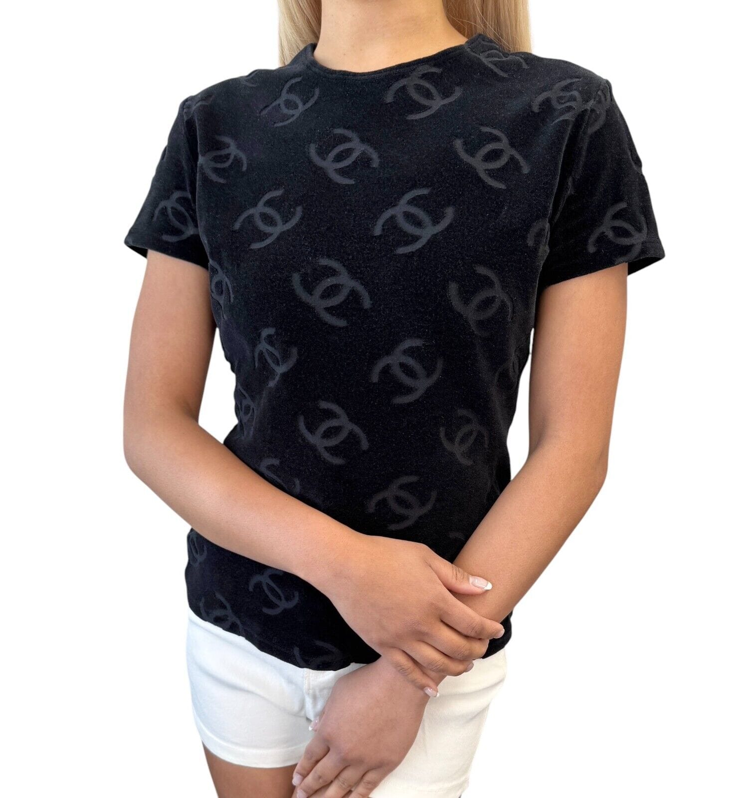 Luxury Promise Japan CHANEL Vintage 1996 CC Mark Logo Velour T-shirt Top #42 Black Cotton Nylon