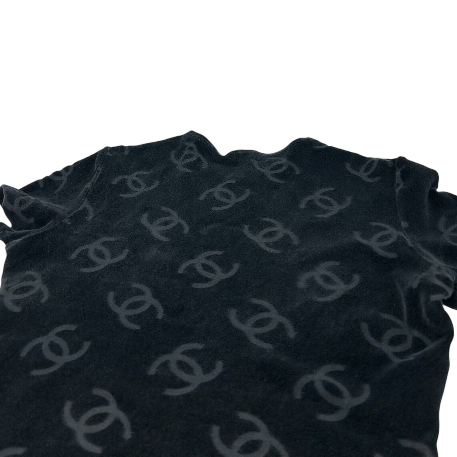 Luxury Promise Japan CHANEL Vintage 1996 CC Mark Logo Velour T-shirt Top #42 Black Cotton Nylon