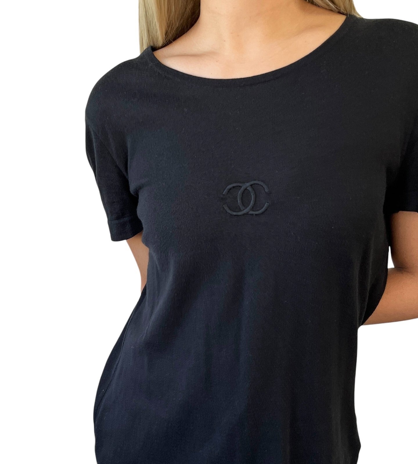 Luxury Promise Japan CHANEL Vintage 95P CC Mark Logo T-shirt #40 Short Sleeve Top Black Cotton