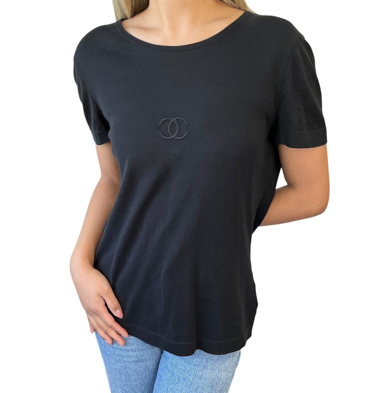Luxury Promise Japan CHANEL Vintage 95P CC Mark Logo T-shirt #40 Short Sleeve Top Black Cotton