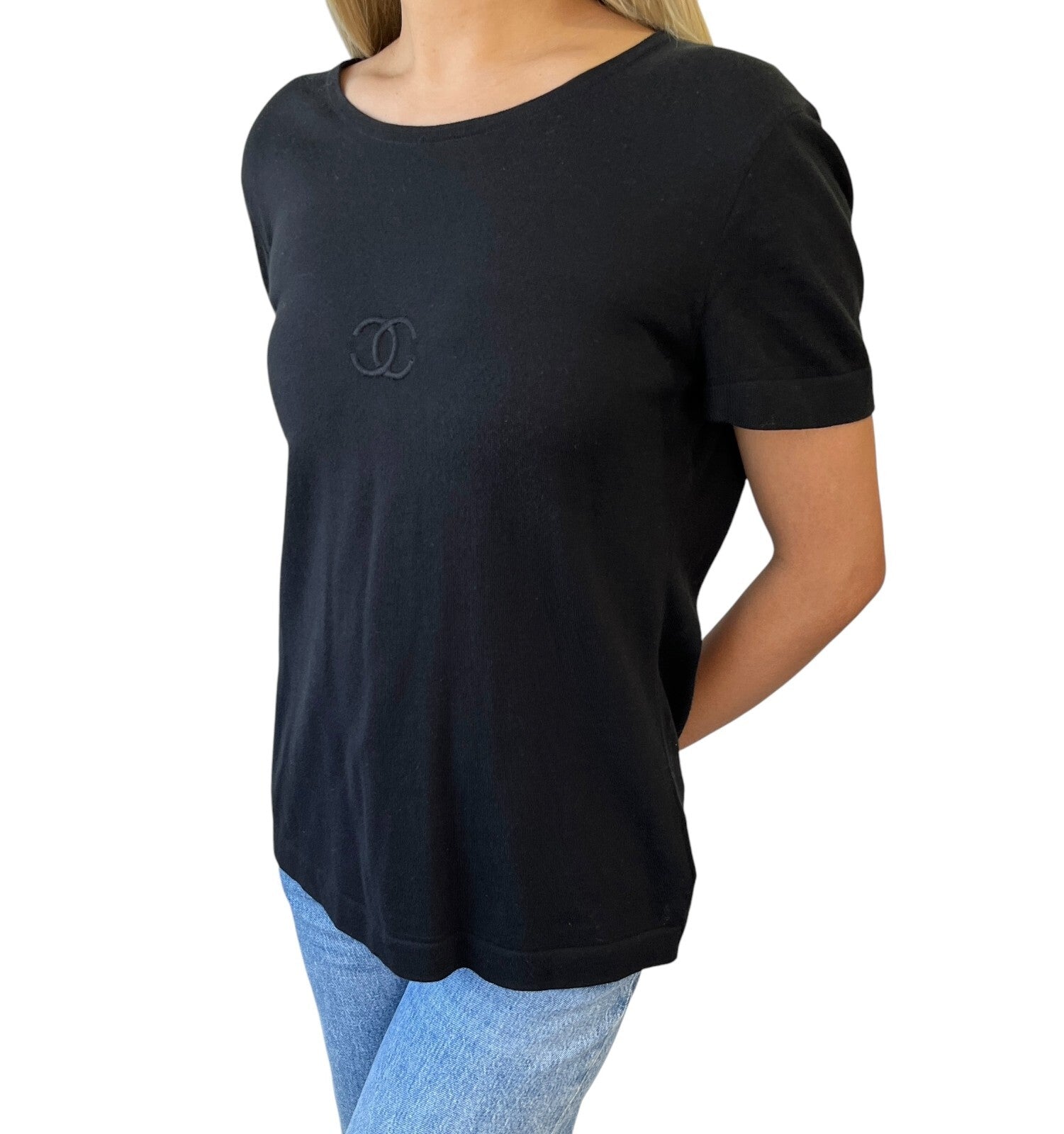 Luxury Promise Japan CHANEL Vintage 95P CC Mark Logo T-shirt #40 Short Sleeve Top Black Cotton