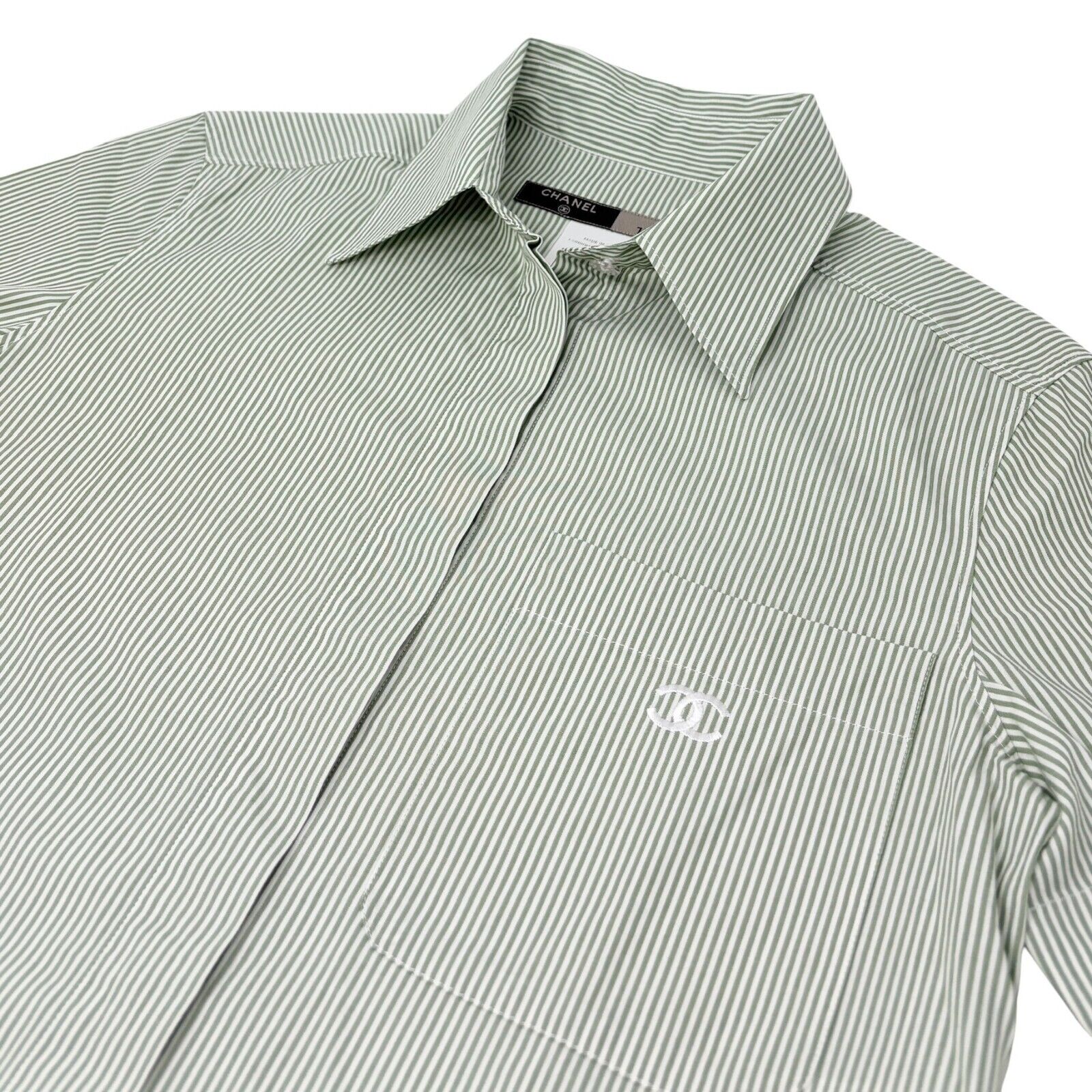 Luxury Promise Japan CHANEL Vintage 99P CC Logo Striped Shirt #34 Short Sleeve Top Green White Cotton