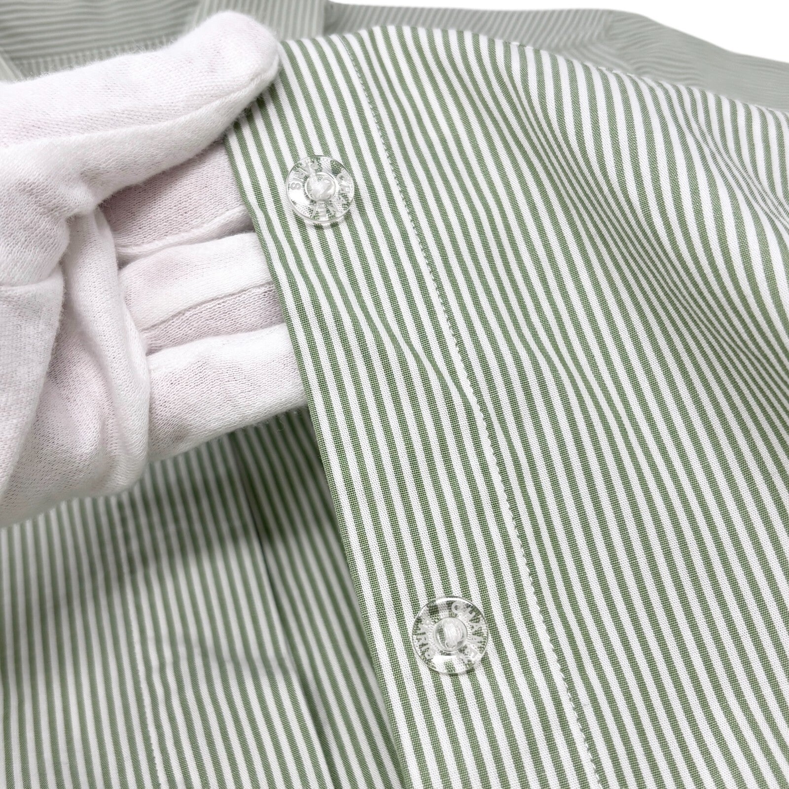 Luxury Promise Japan CHANEL Vintage 99P CC Logo Striped Shirt #34 Short Sleeve Top Green White Cotton