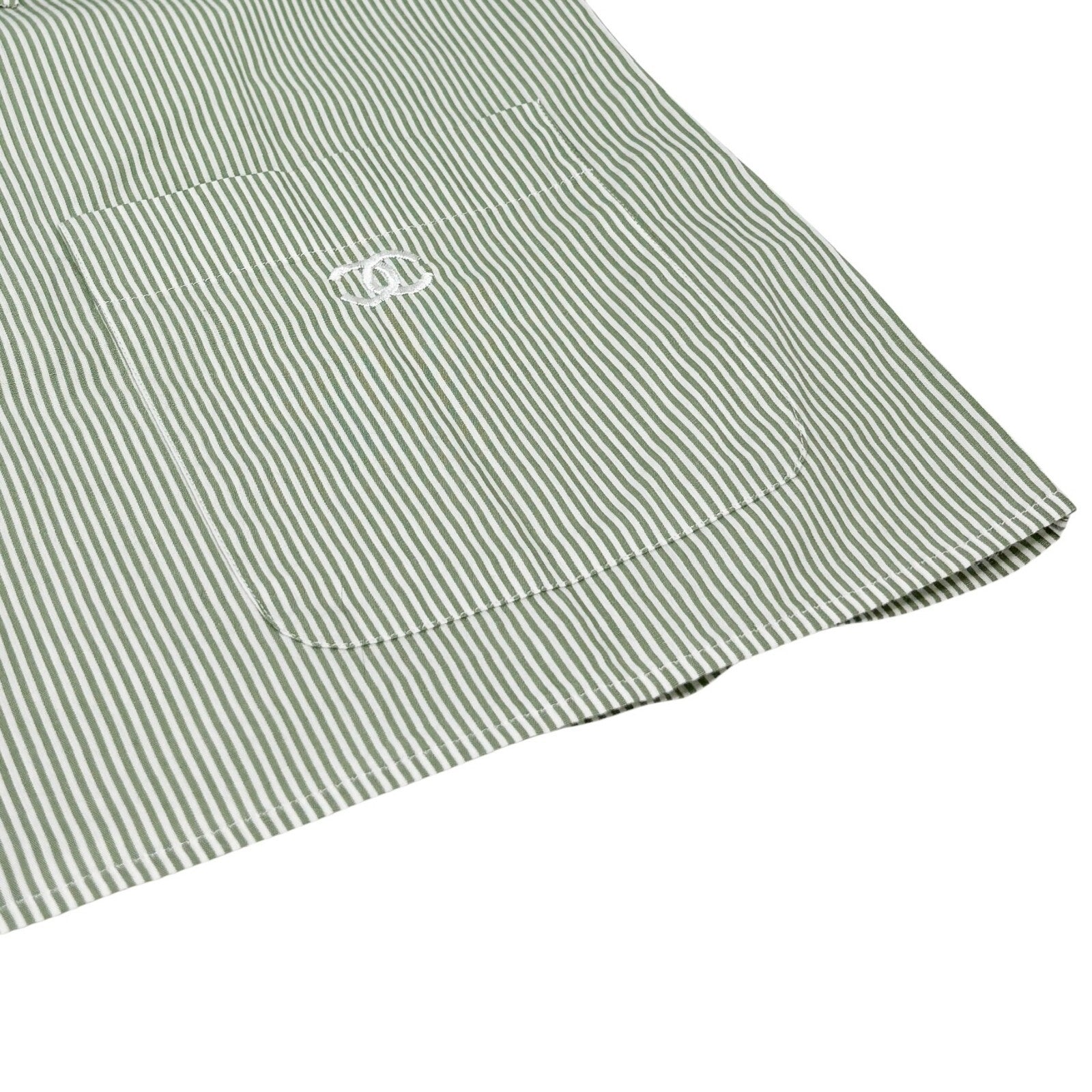 Luxury Promise Japan CHANEL Vintage 99P CC Logo Striped Shirt #34 Short Sleeve Top Green White Cotton