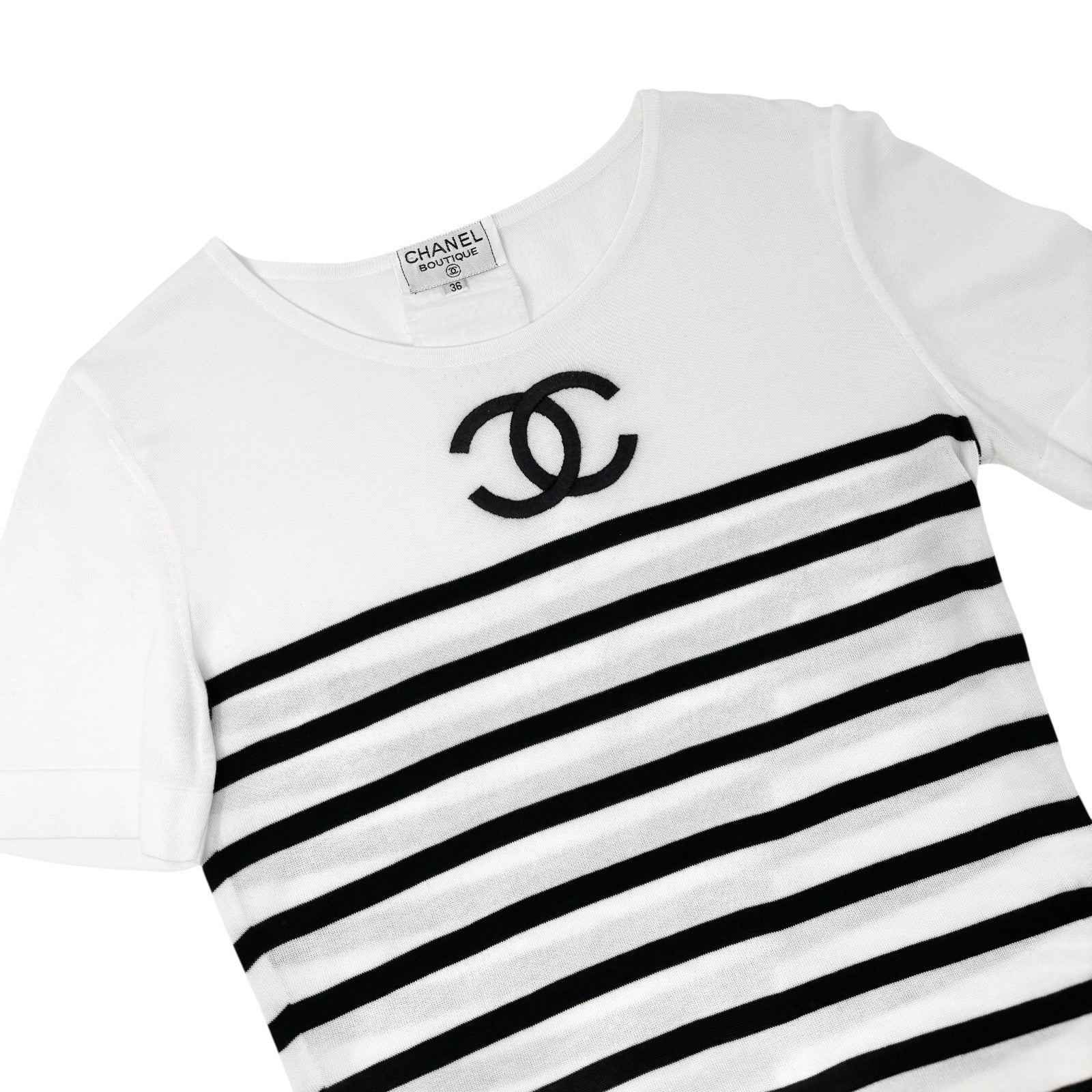 Luxury Promise Japan CHANEL Vintage CC Logo Stripe Short Sleeve Top #36 Black White Cotton Shirt