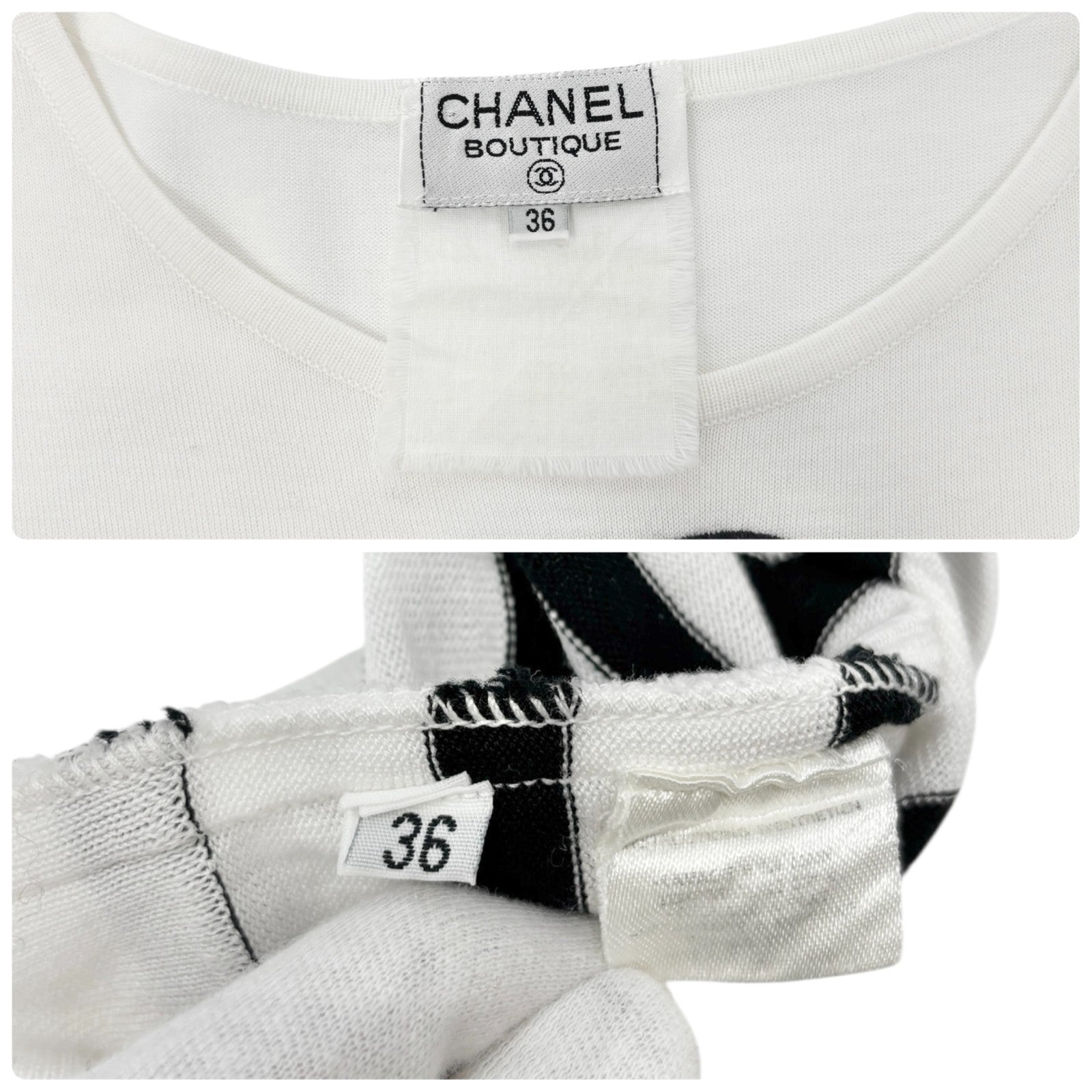 Luxury Promise Japan CHANEL Vintage CC Logo Stripe Short Sleeve Top #36 Black White Cotton Shirt