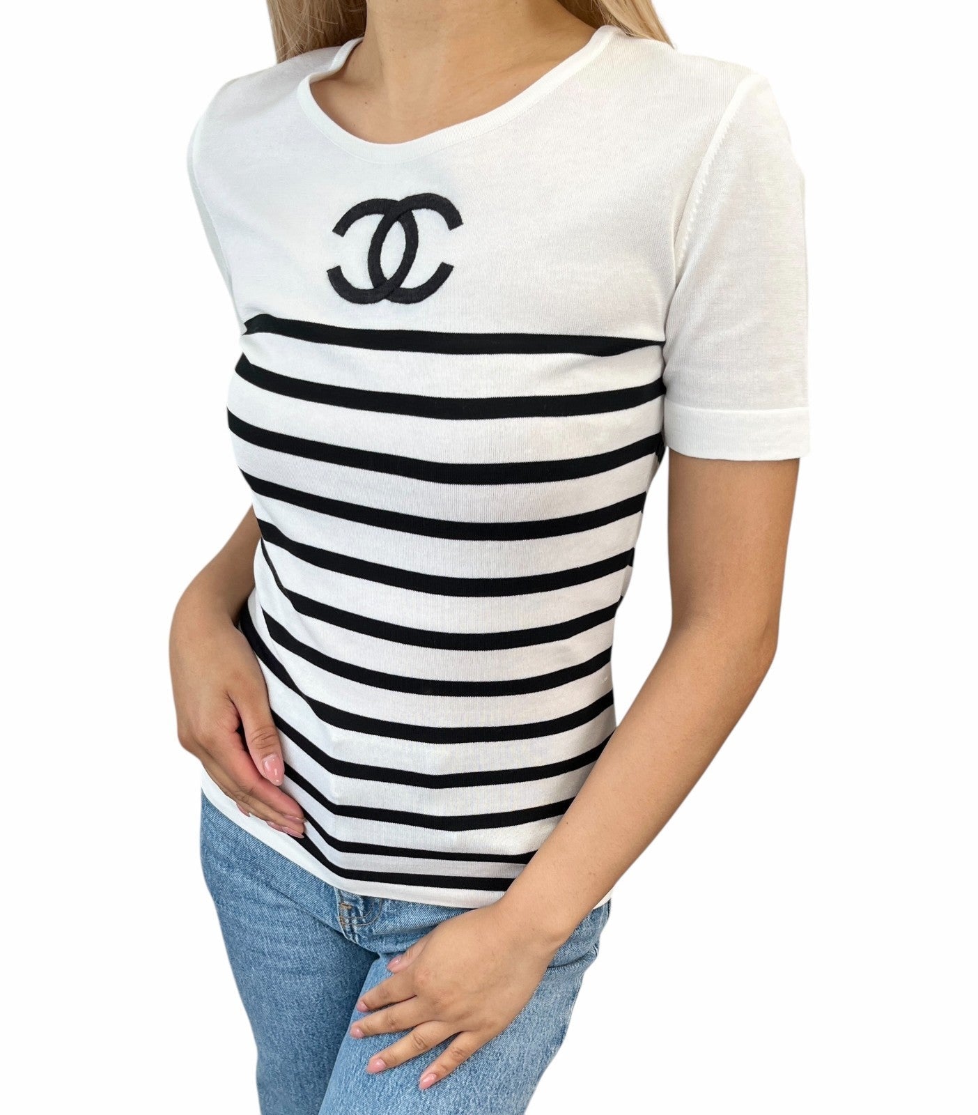 Luxury Promise Japan CHANEL Vintage CC Logo Stripe Short Sleeve Top #36 Black White Cotton Shirt