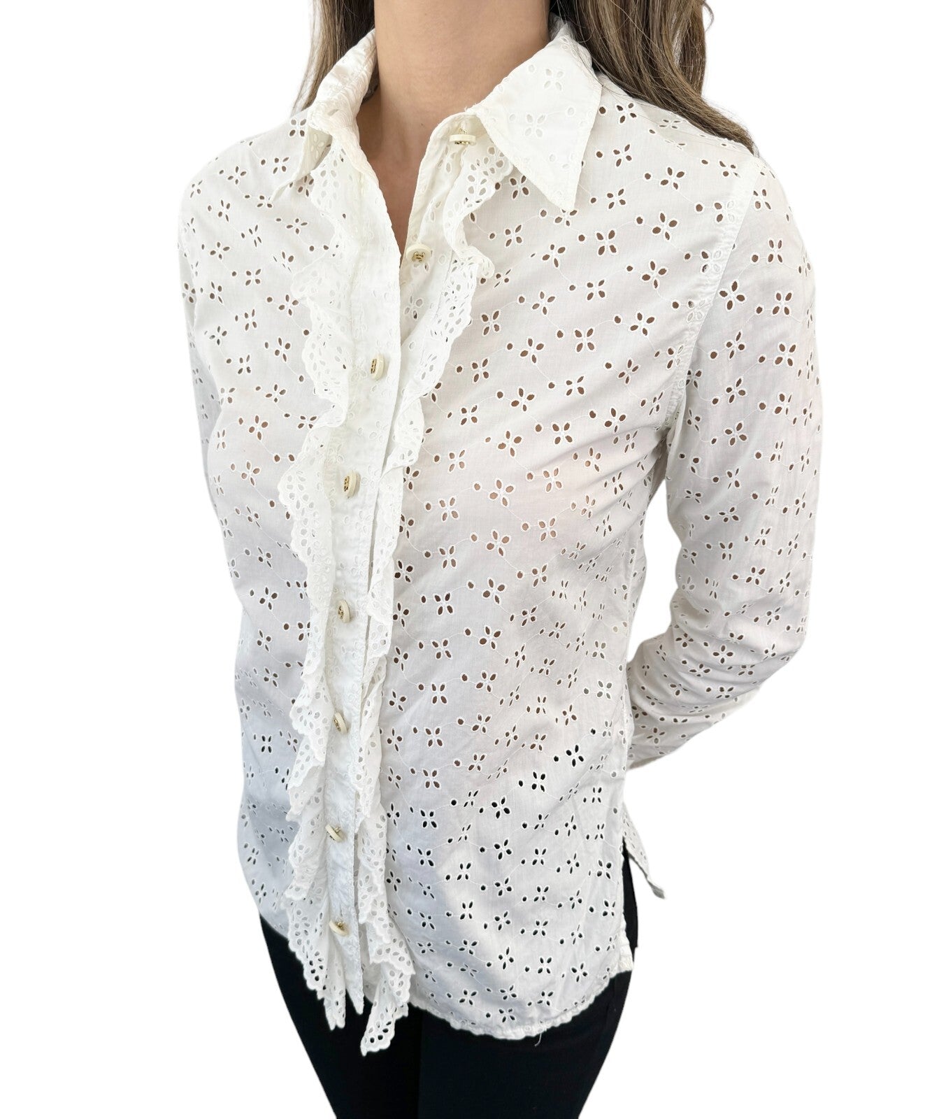 Luxury Promise Japan CHANEL Vintage CC Punching Shirt Top Frill Button Up Blouse White Cotton RankAB