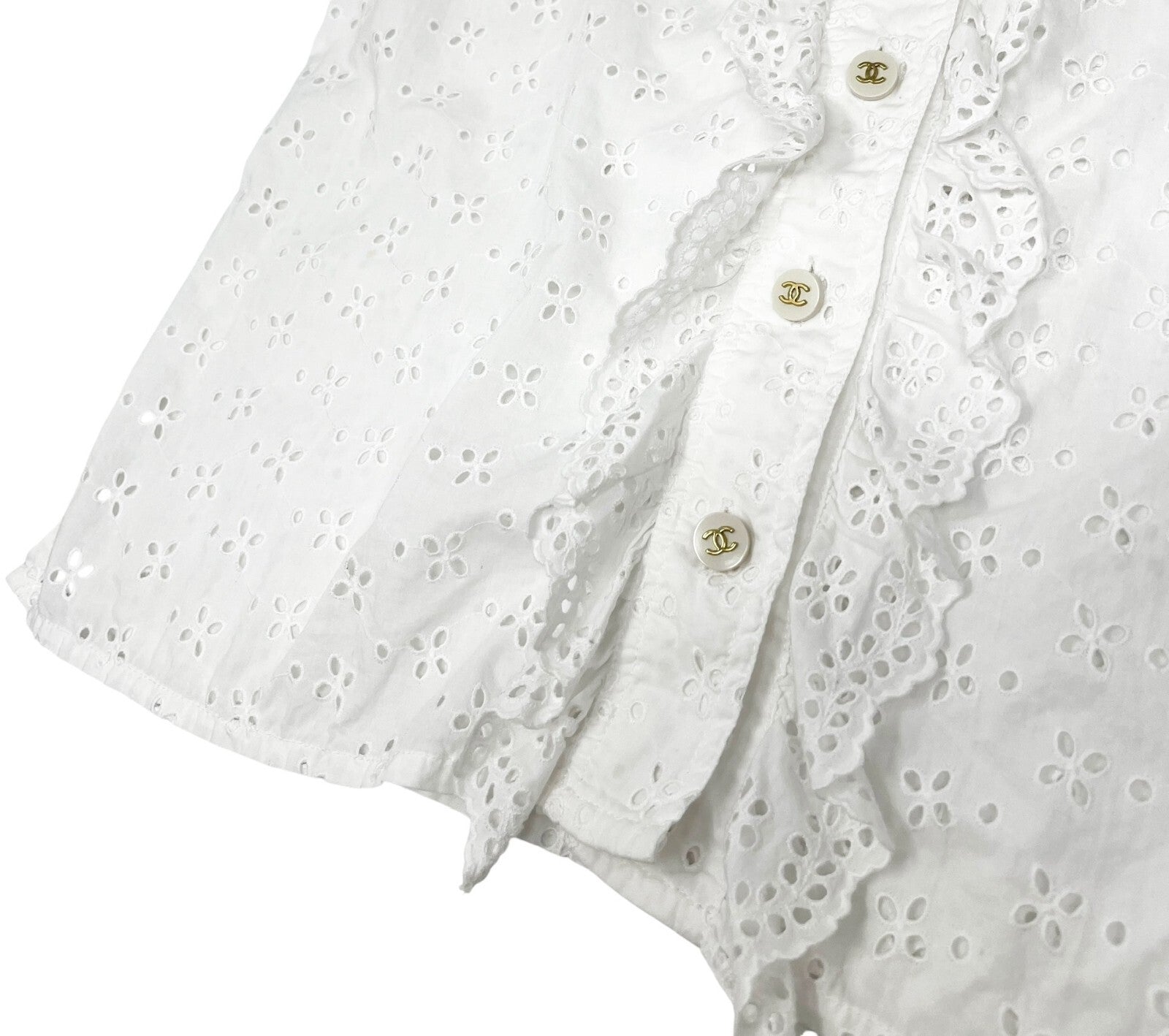Luxury Promise Japan CHANEL Vintage CC Punching Shirt Top Frill Button Up Blouse White Cotton RankAB