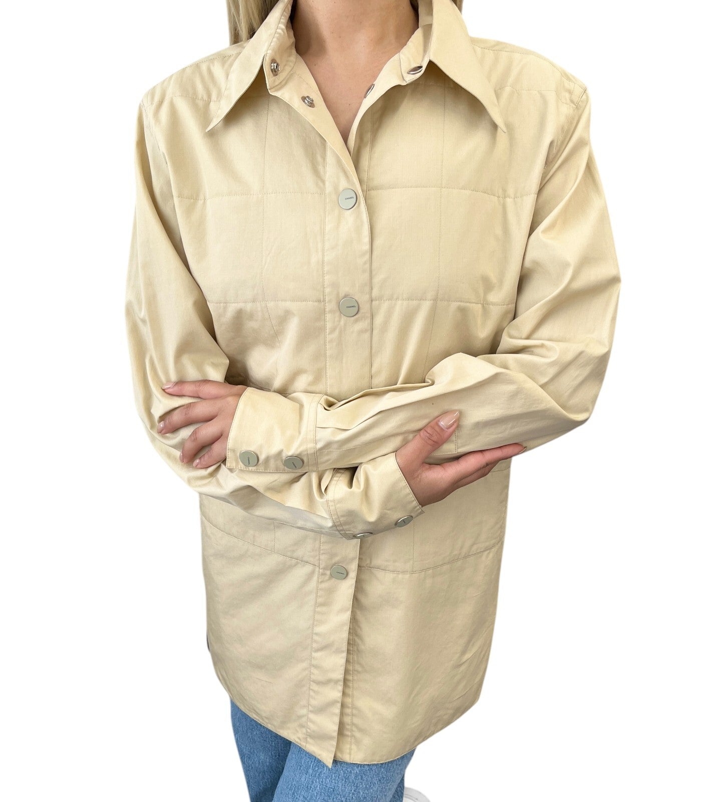 Luxury Promise Japan CHANEL Vintage Logo Button Shirt Blouse Long Sleeve Top Cream Cotton Quilting