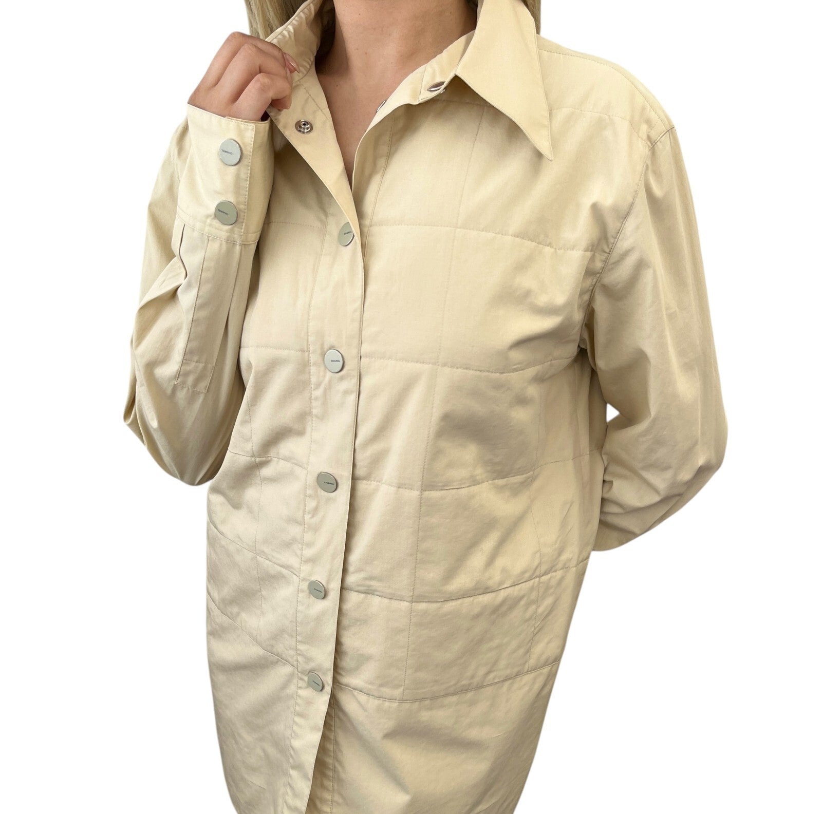 Luxury Promise Japan CHANEL Vintage Logo Button Shirt Blouse Long Sleeve Top Cream Cotton Quilting