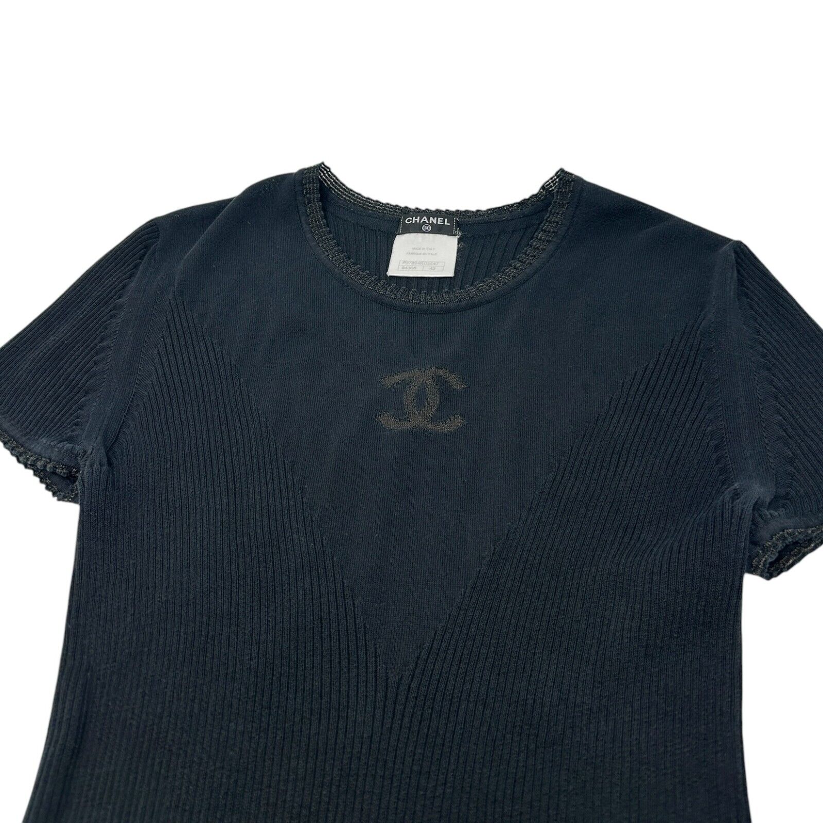 Luxury Promise Japan CHANEL Vintage P37824 CC Mark Logo See-through T-shirt Top #42 Black Cotton