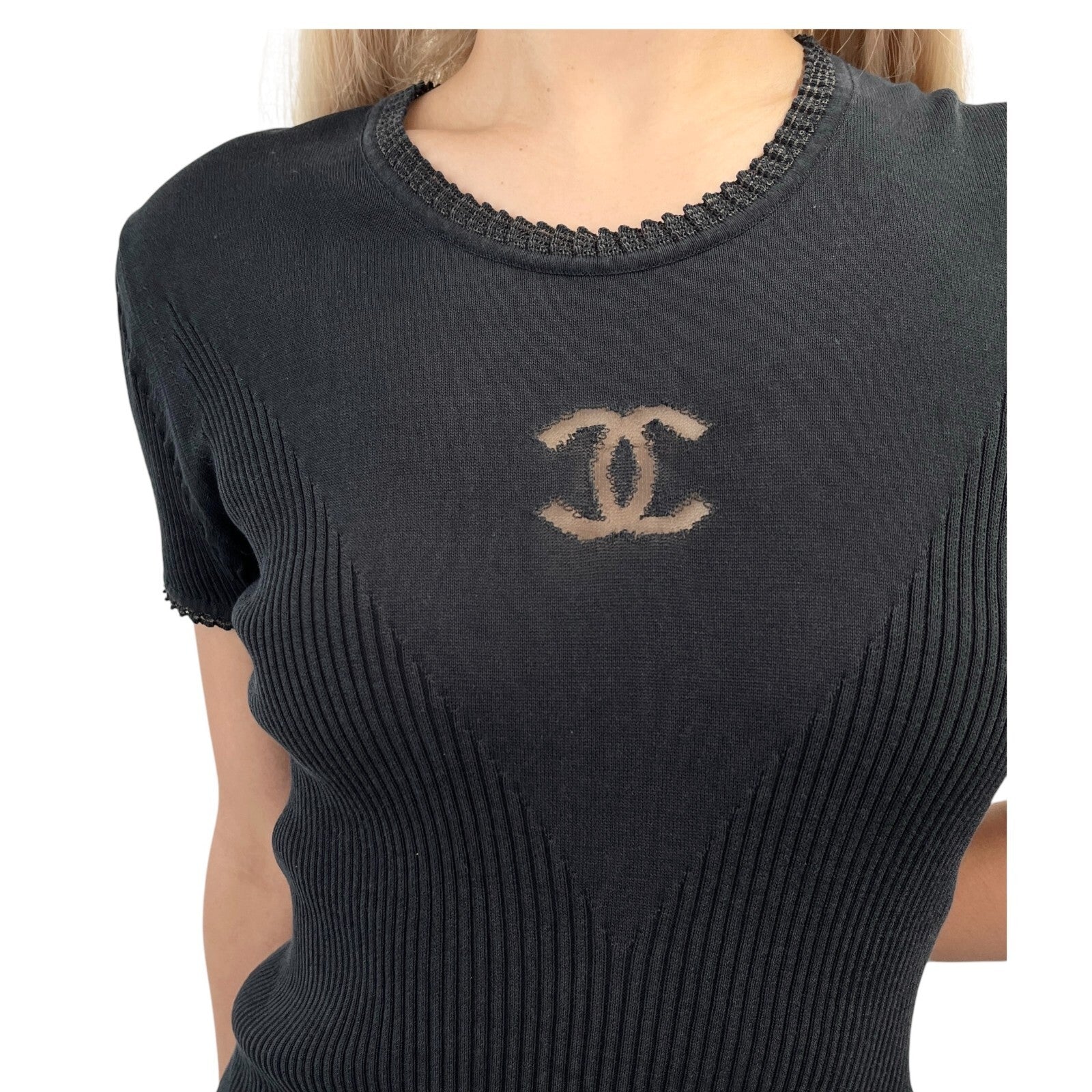 Luxury Promise Japan CHANEL Vintage P37824 CC Mark Logo See-through T-shirt Top #42 Black Cotton