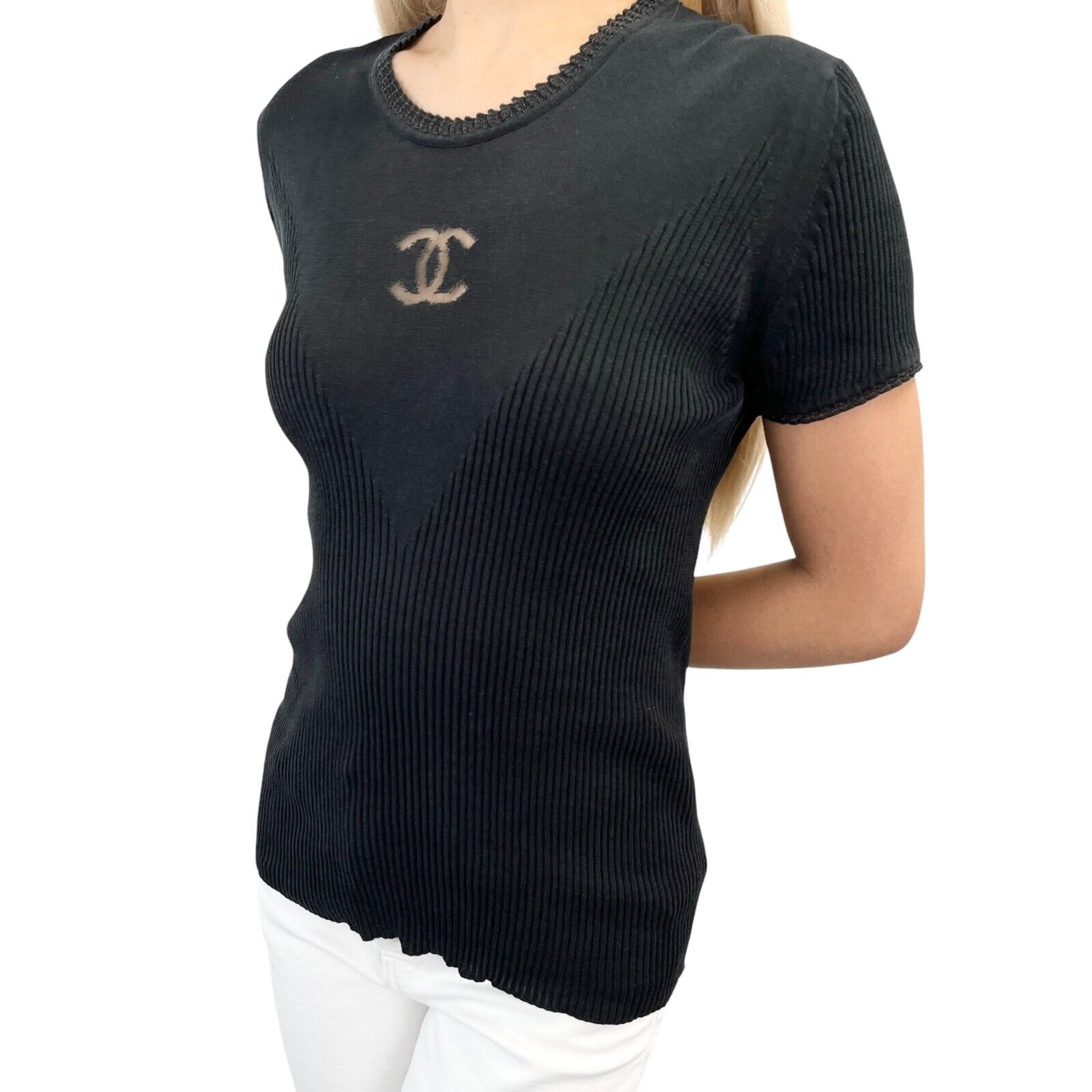 Luxury Promise Japan CHANEL Vintage P37824 CC Mark Logo See-through T-shirt Top #42 Black Cotton