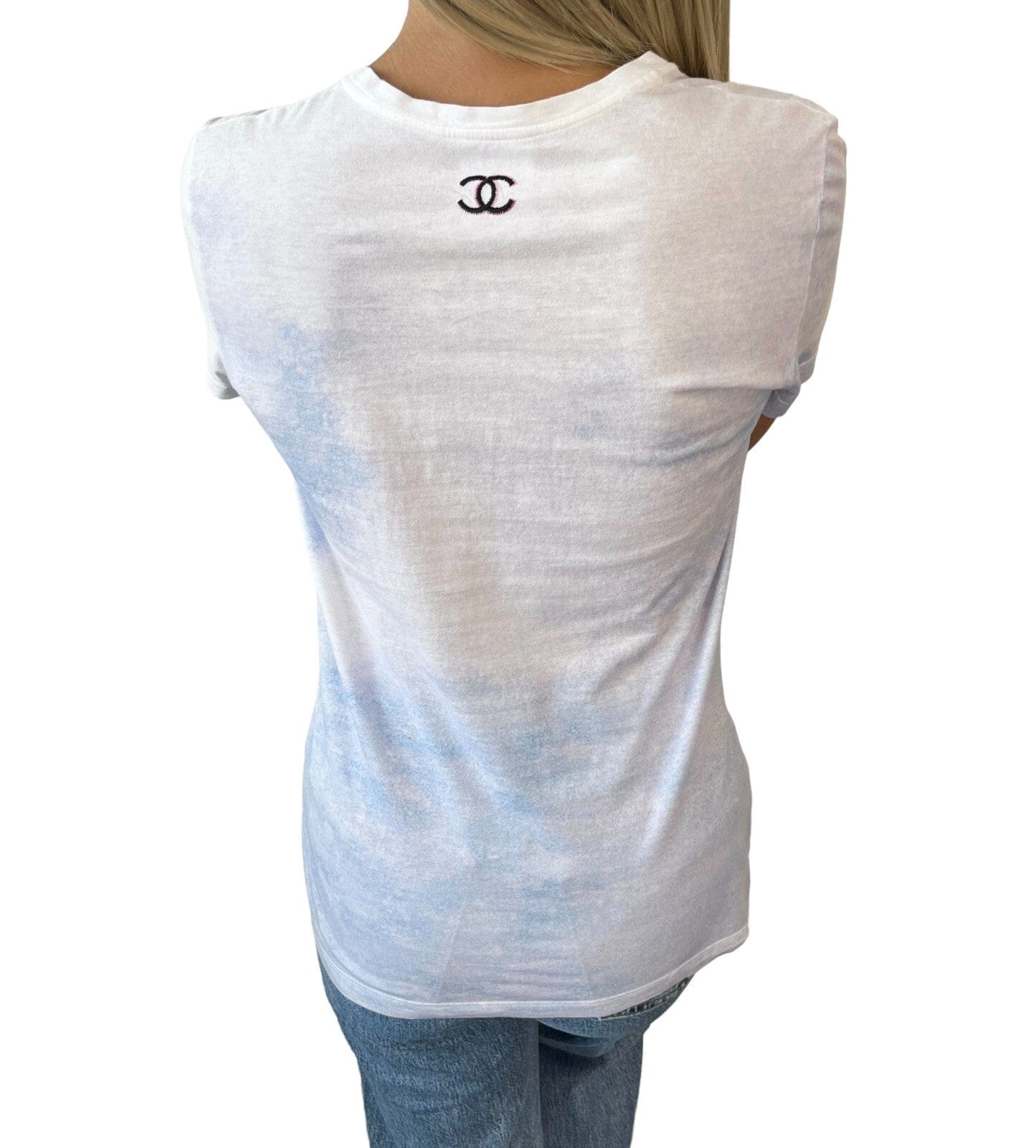 Luxury Promise Japan CHANEL Vintage P37873 CC Logo T-shirt Top #46 White Short Sleeve Cotton RankAB+