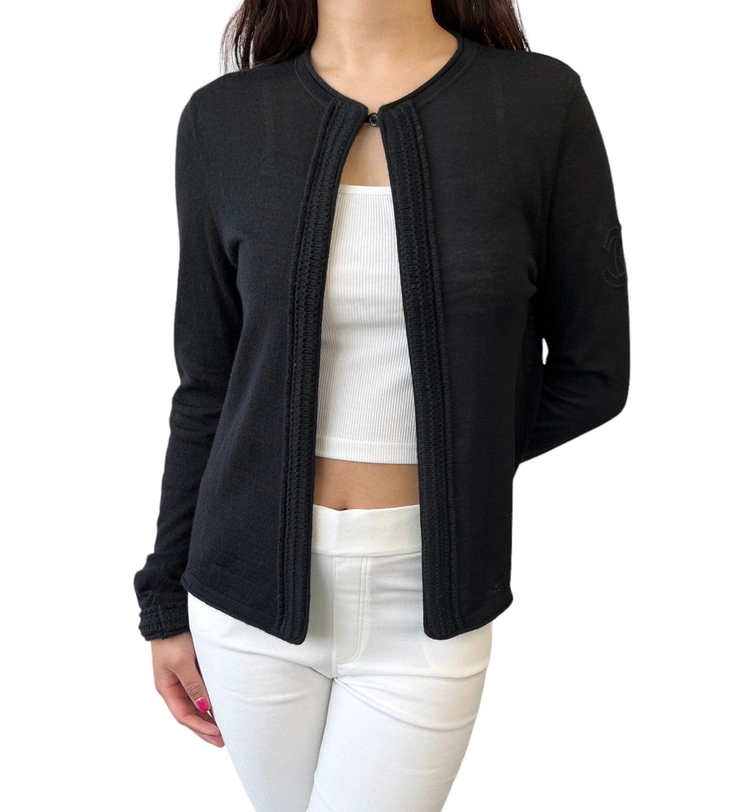 Luxury Promise Japan CHANEL Vintage P39389 CC Logo Cardigan #34 Sweater Knit Top Black Cashmere