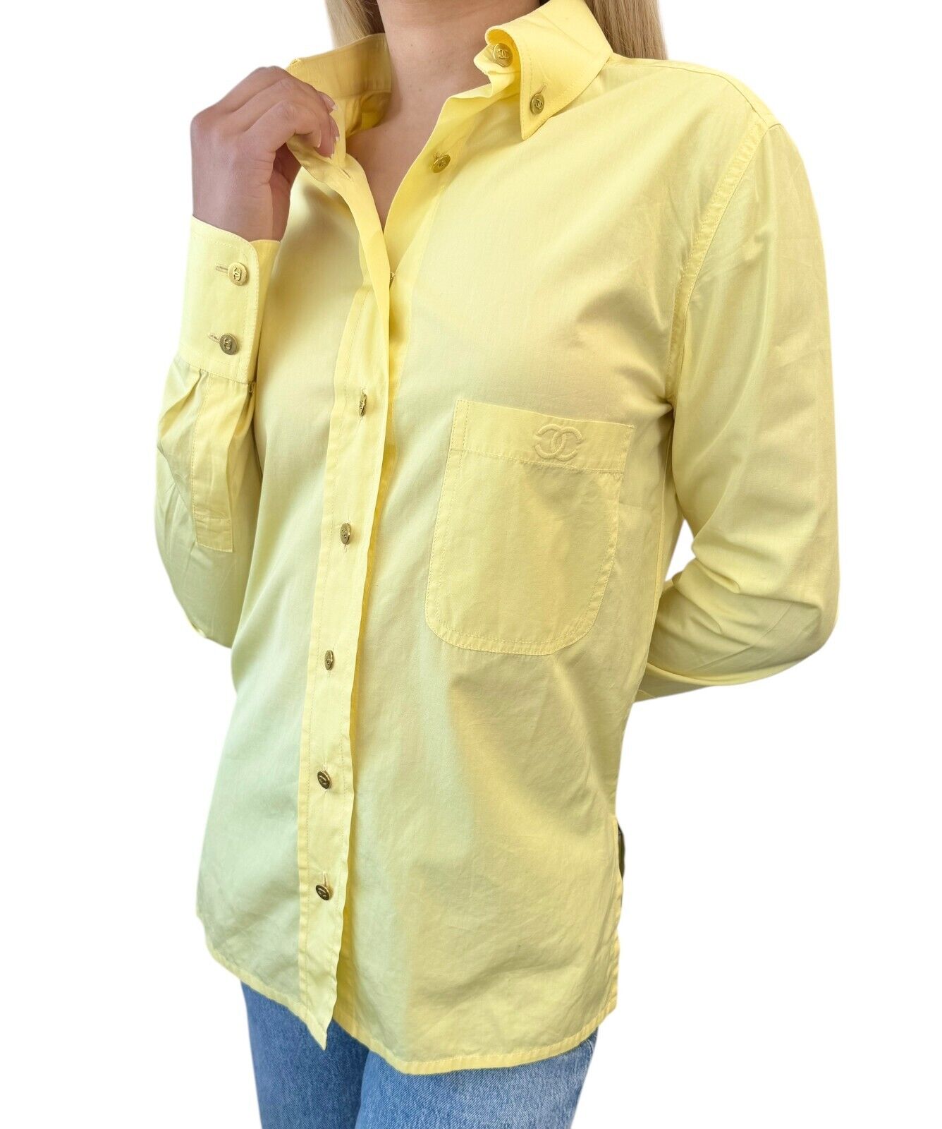 Luxury Promise Japan CHANEL Vintage PO4946 CC Mark Logo Shirt Top #36 Button Up Yellow Gold Cotton