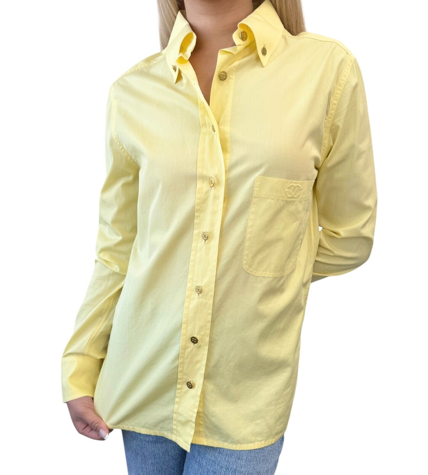 Luxury Promise Japan CHANEL Vintage PO4946 CC Mark Logo Shirt Top #36 Button Up Yellow Gold Cotton