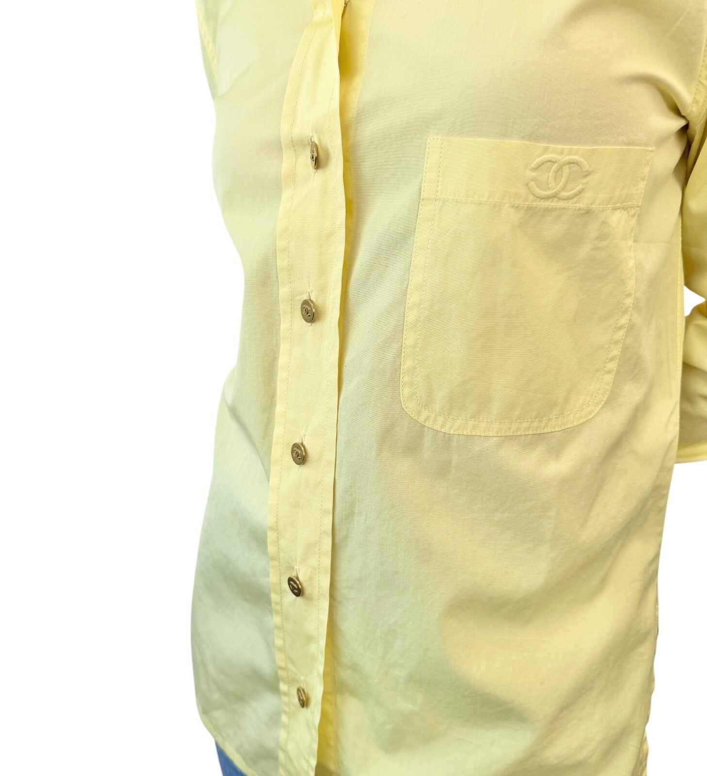 Luxury Promise Japan CHANEL Vintage PO4946 CC Mark Logo Shirt Top #36 Button Up Yellow Gold Cotton