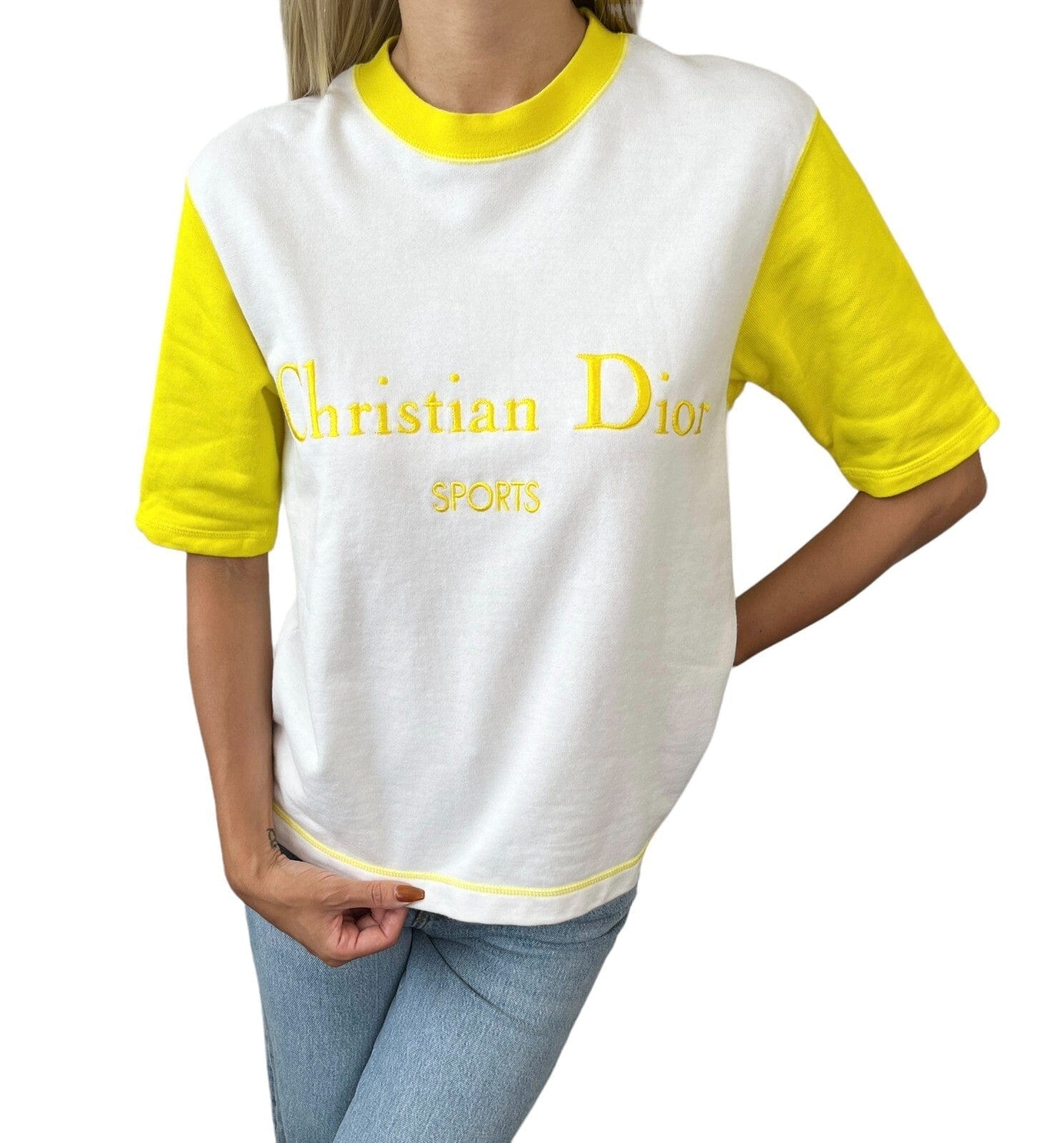 Luxury Promise Japan Christian Dior Sports Vintage Big Logo Sweatshirt Top #L Yellow Cotton Rank AB