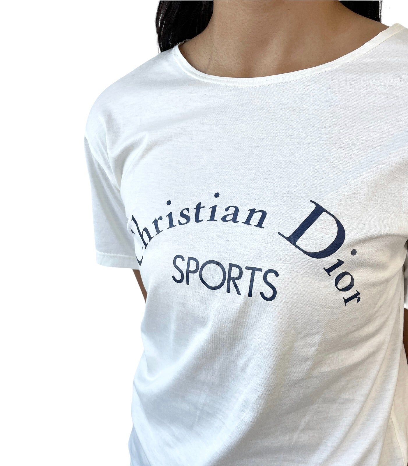 Luxury Promise Japan Christian Dior Sports Vintage Big Logo T-shirt Top #M White Dark Blue Cotton