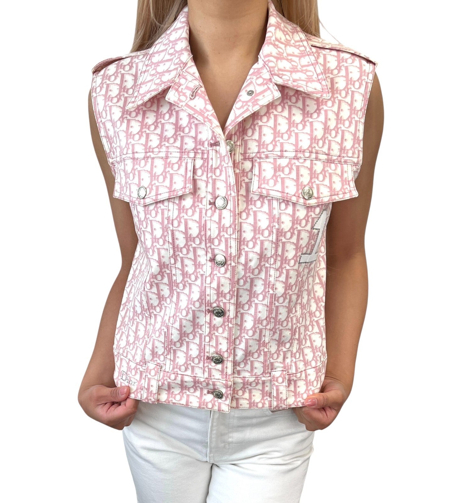 Luxury Promise Japan Christian Dior Vintage 2004 Trotter Monogram Vest Jacket #38 Pink White Cotton