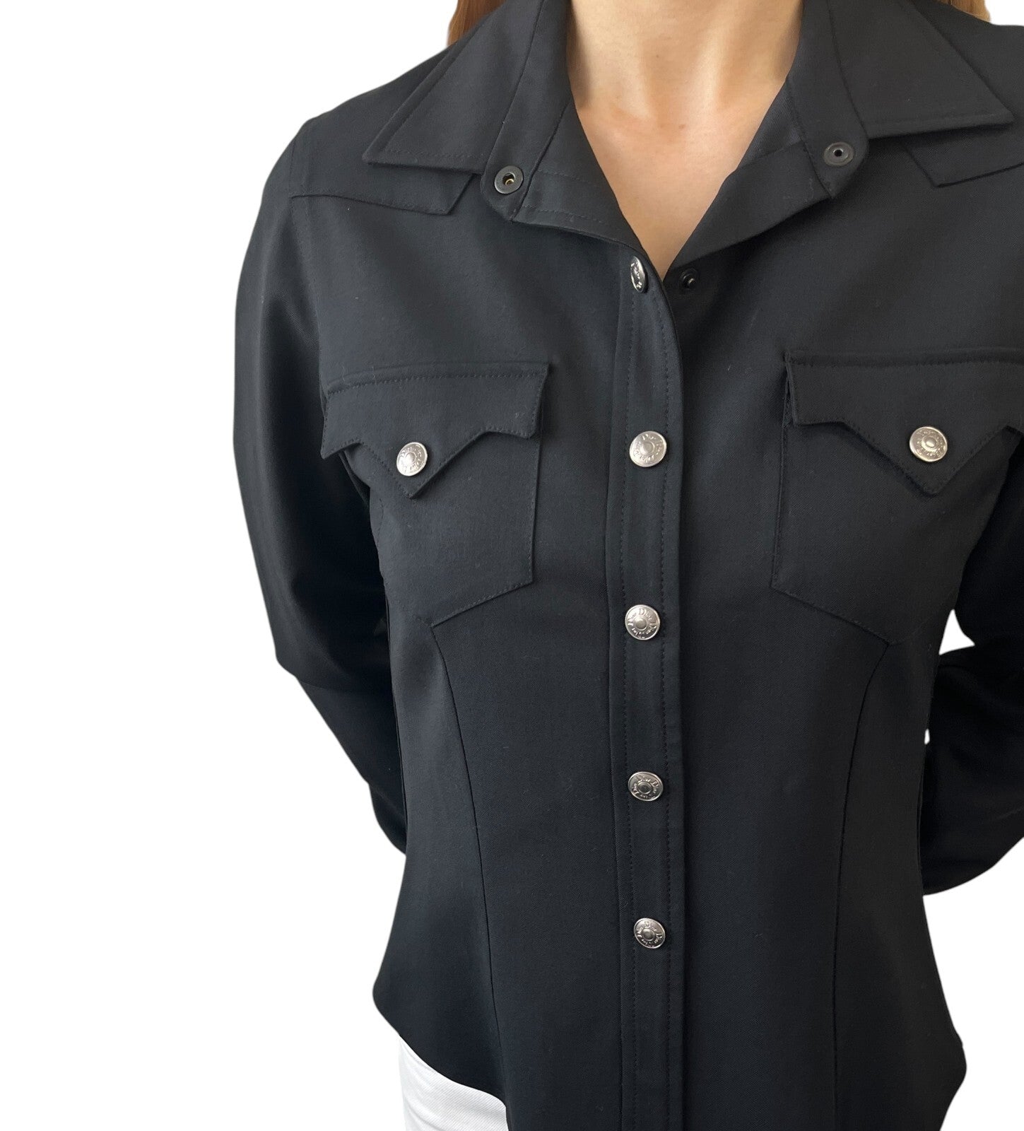 Luxury Promise Japan Christian Dior Vintage Logo Shirt Jacket Top #36 Snap Button Black Viscose Wool