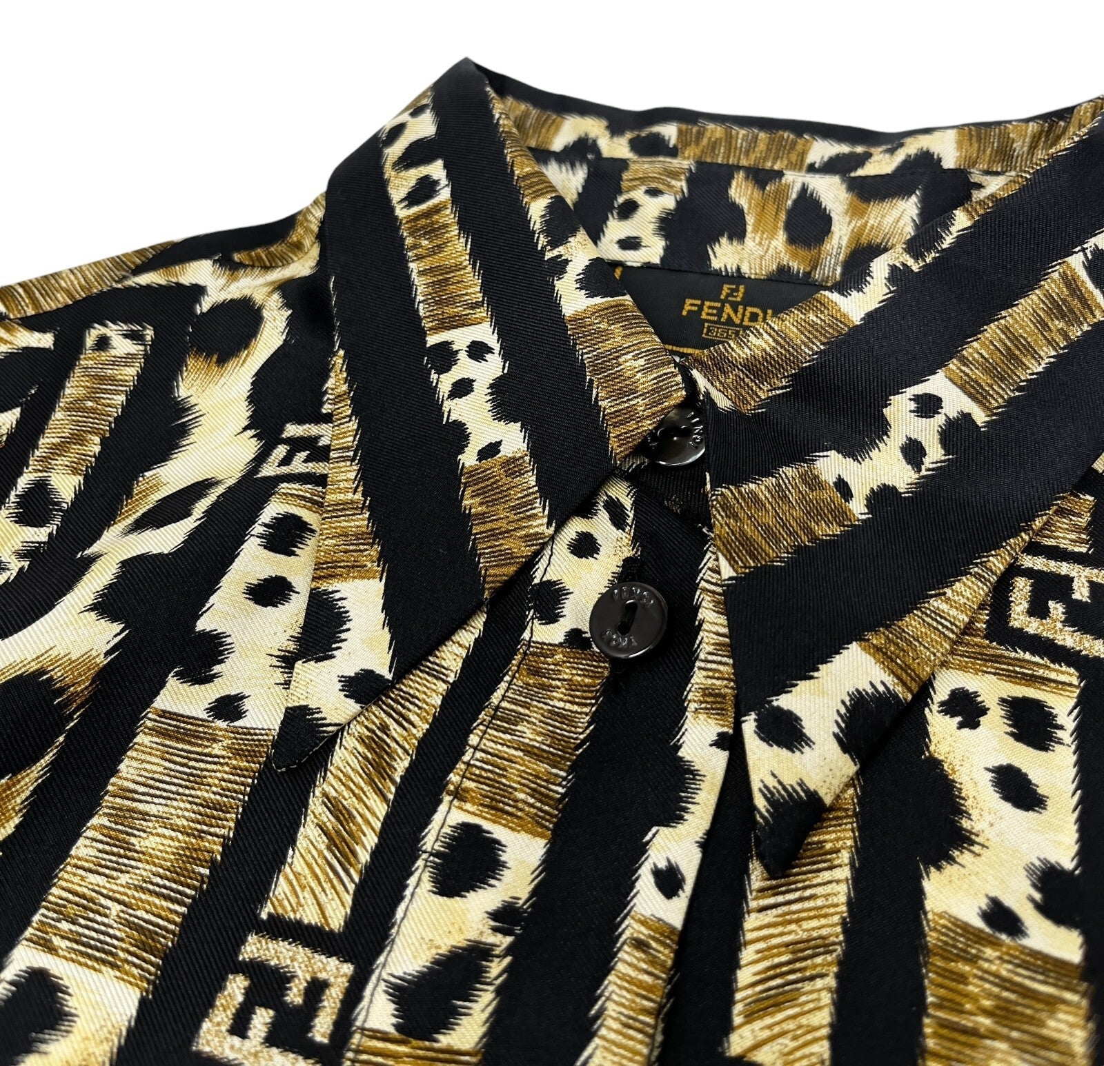 Luxury Promise Japan FENDI Vintage Big FF Zucca Logo Silk Shirt Top Leopard Brown Black Silk Rank AB