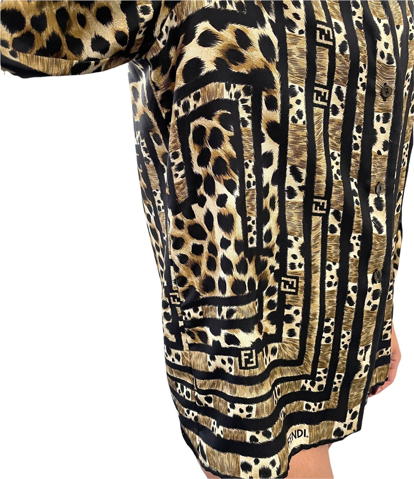 Luxury Promise Japan FENDI Vintage Big FF Zucca Logo Silk Shirt Top Leopard Brown Black Silk Rank AB
