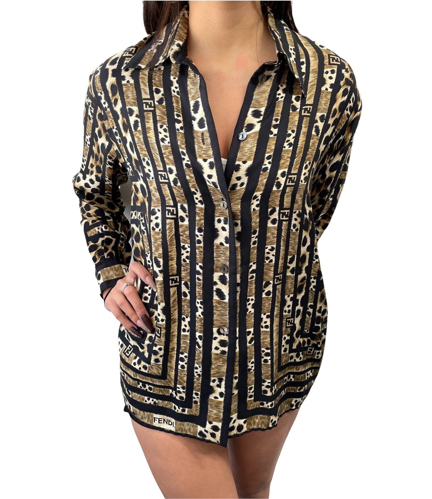 Luxury Promise Japan FENDI Vintage Big FF Zucca Logo Silk Shirt Top Leopard Brown Black Silk Rank AB
