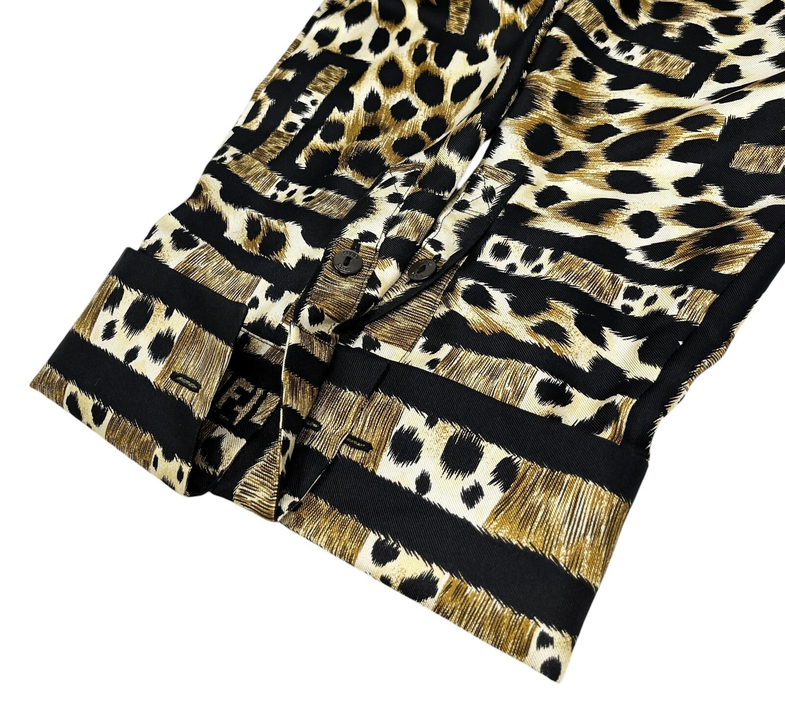 Luxury Promise Japan FENDI Vintage Big FF Zucca Logo Silk Shirt Top Leopard Brown Black Silk Rank AB