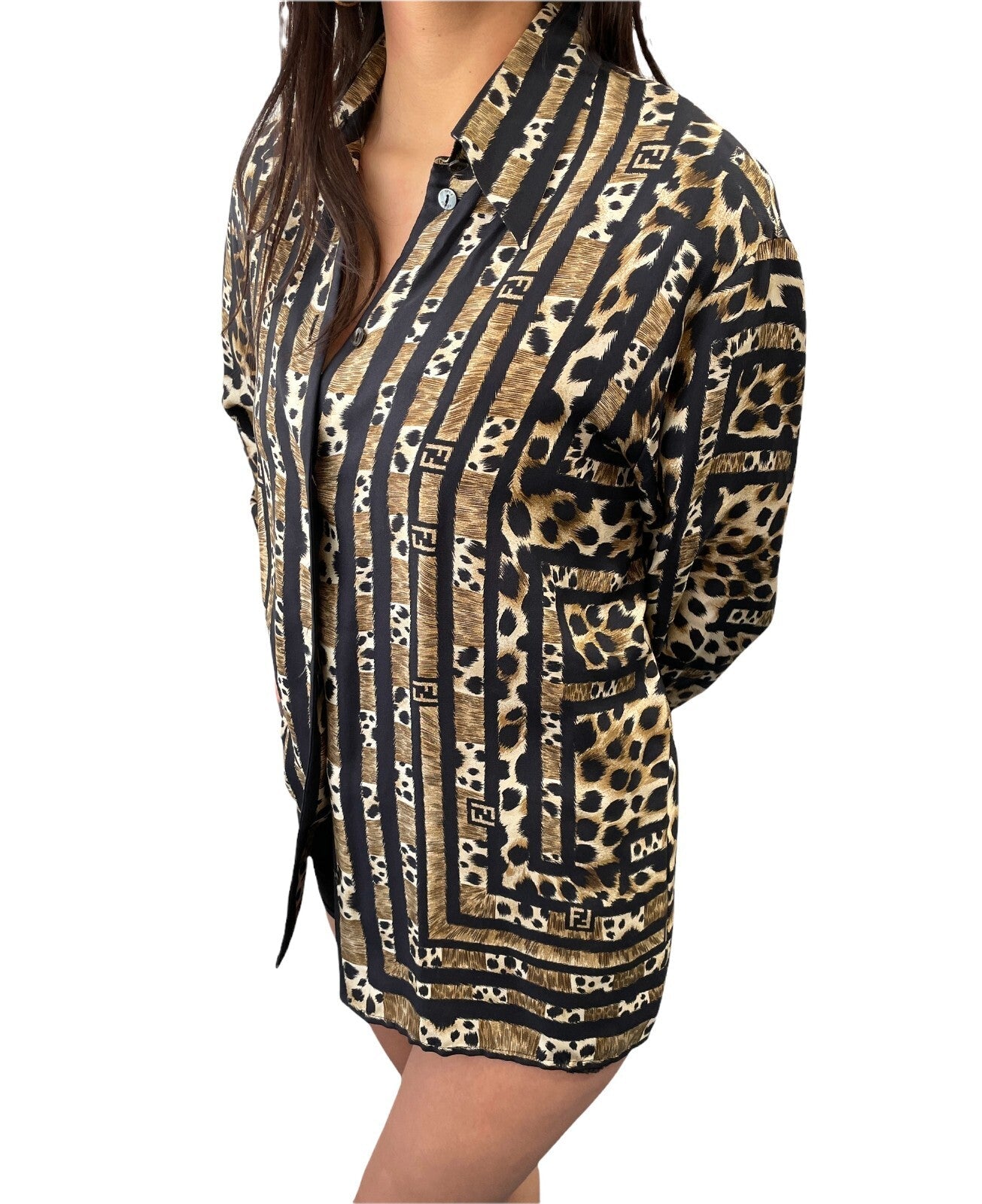 Luxury Promise Japan FENDI Vintage Big FF Zucca Logo Silk Shirt Top Leopard Brown Black Silk Rank AB