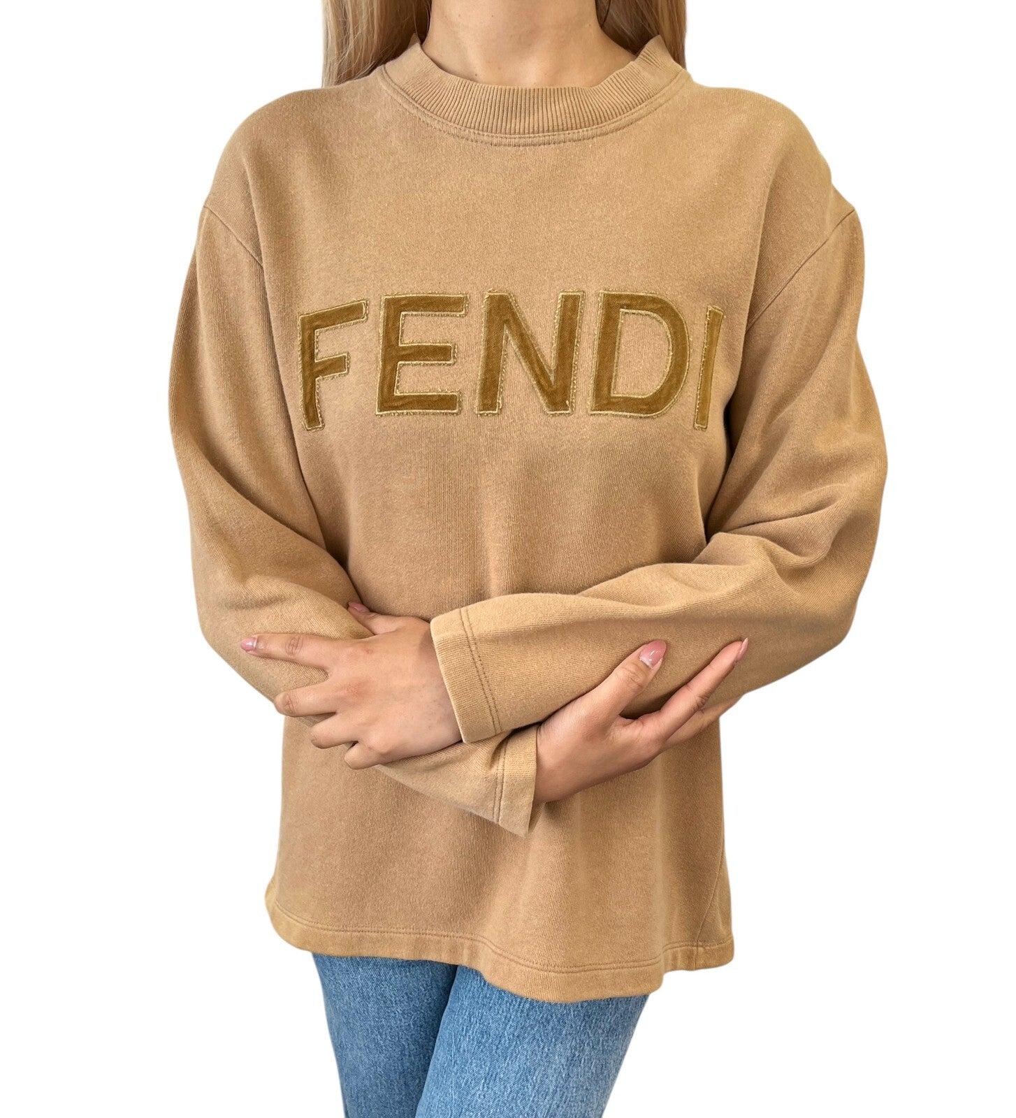 Luxury Promise Japan FENDI Vintage Big Logo Sweatshirt Top #38 Brown Cotton Velvet Long Sleeve