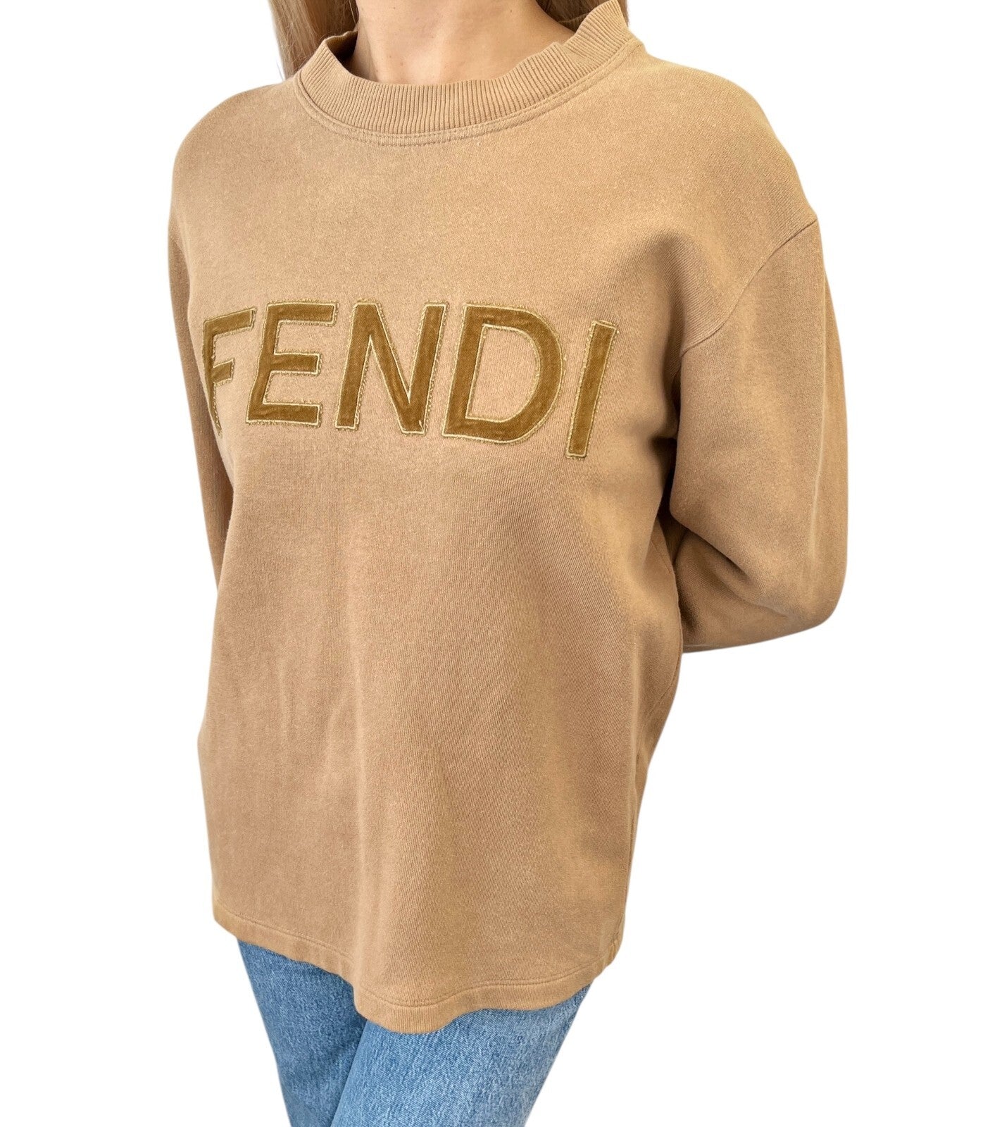 Luxury Promise Japan FENDI Vintage Big Logo Sweatshirt Top #38 Brown Cotton Velvet Long Sleeve