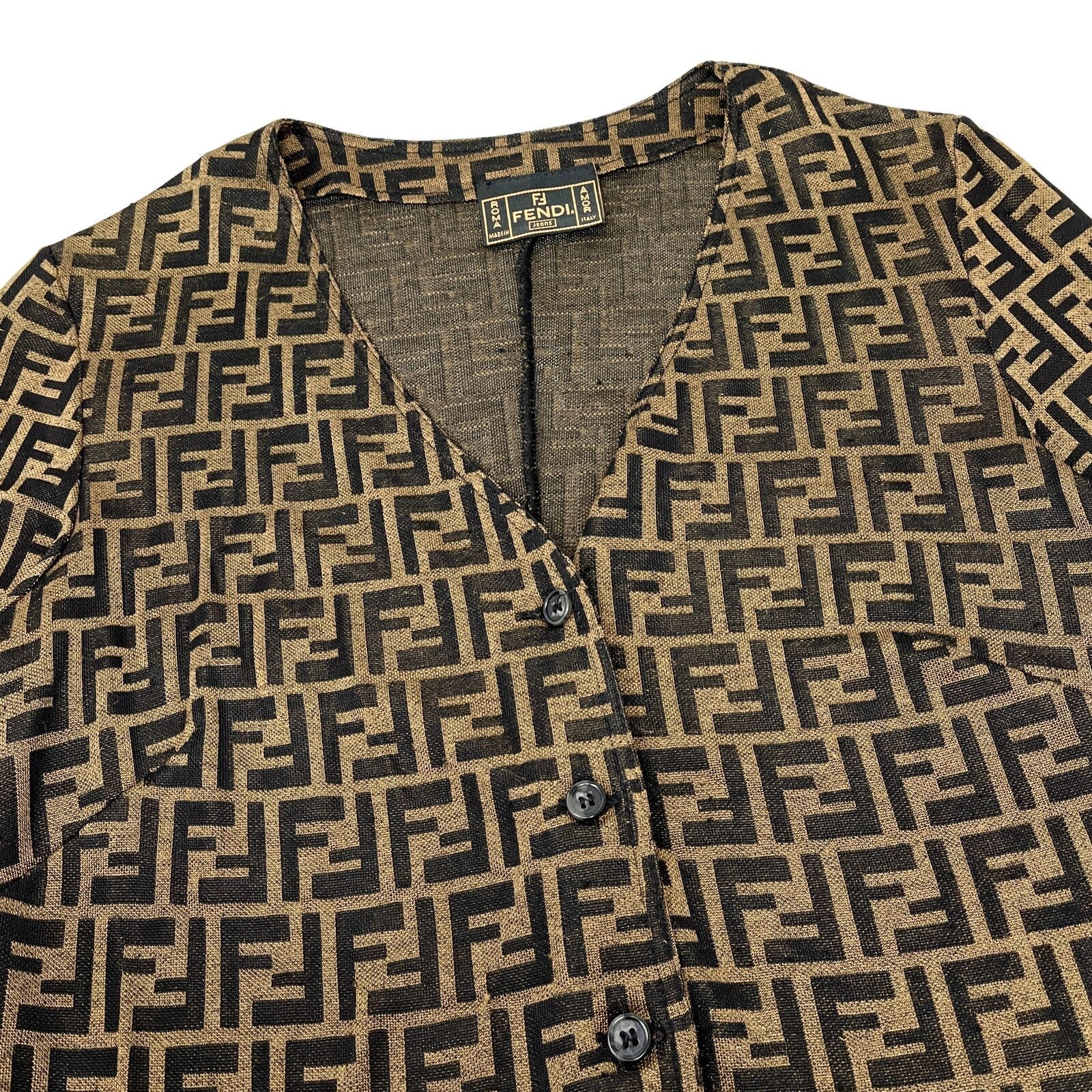 Luxury Promise Japan FENDI Vintage Zucca Monogram Logo Shirt Top #36 Button Brown Rayon Rank AB