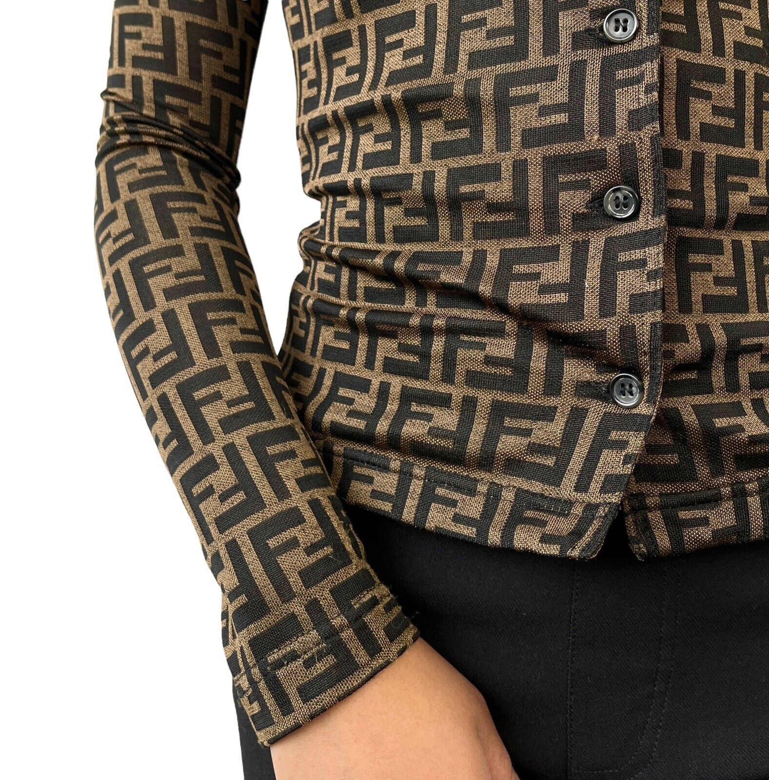 Luxury Promise Japan FENDI Vintage Zucca Monogram Logo Shirt Top #36 Button Brown Rayon Rank AB