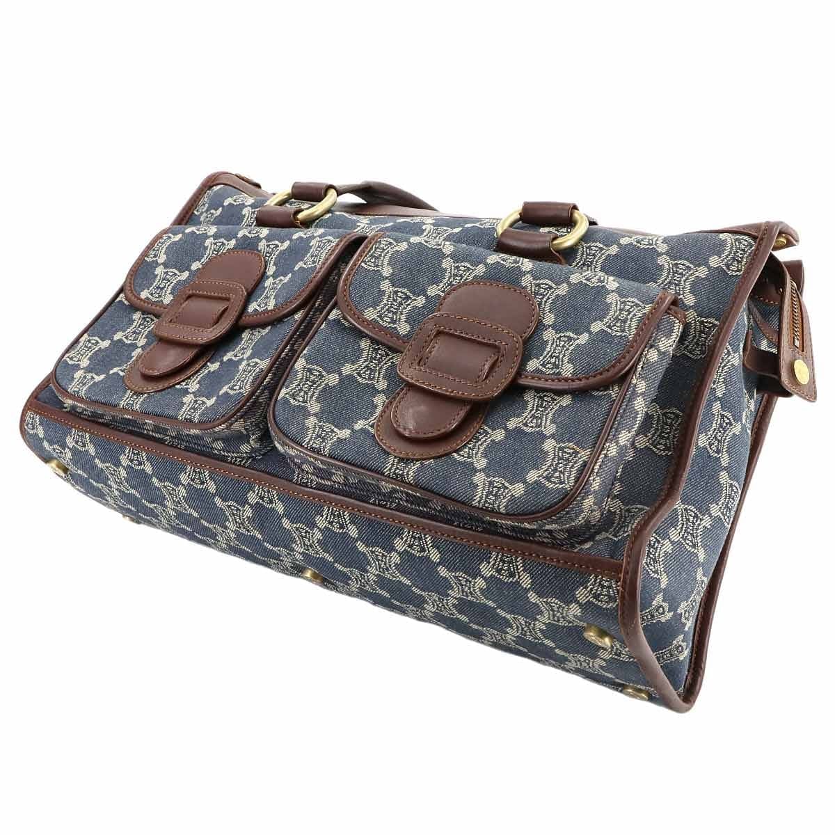 Luxury Promise Japan CELINE Macadam Hand Bag Denim Leather Blue Brown Purse 90289266