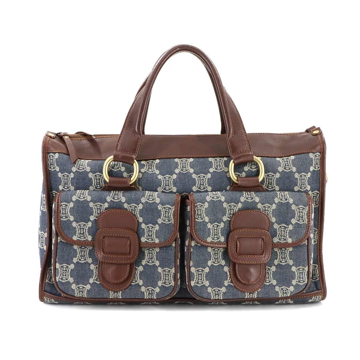 Luxury Promise Japan CELINE Macadam Hand Bag Denim Leather Blue Brown Purse 90289266