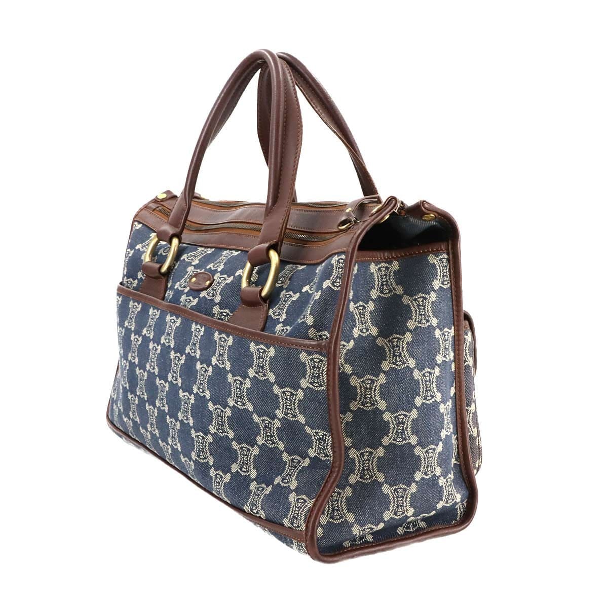 Luxury Promise Japan CELINE Macadam Hand Bag Denim Leather Blue Brown Purse 90289266