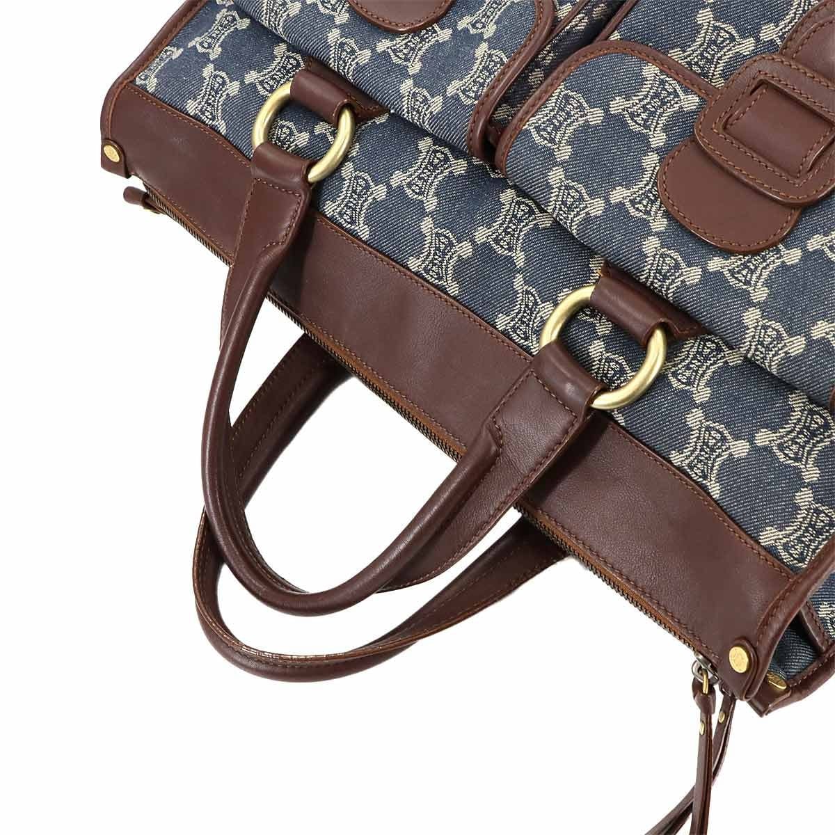 Luxury Promise Japan CELINE Macadam Hand Bag Denim Leather Blue Brown Purse 90289266